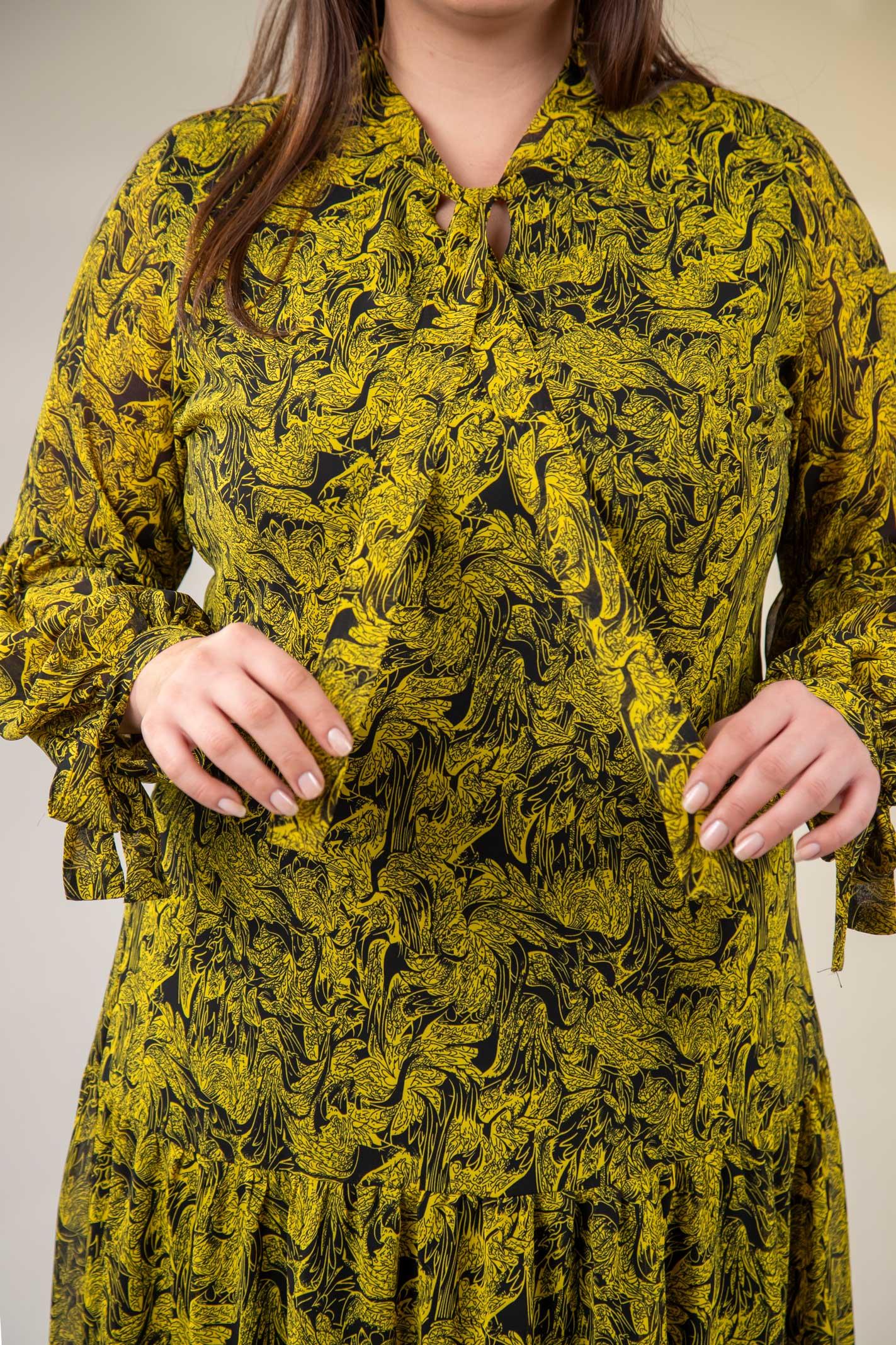 Büyük Beden 3330128 Yaka Bağlamalı Elbise  Sarı