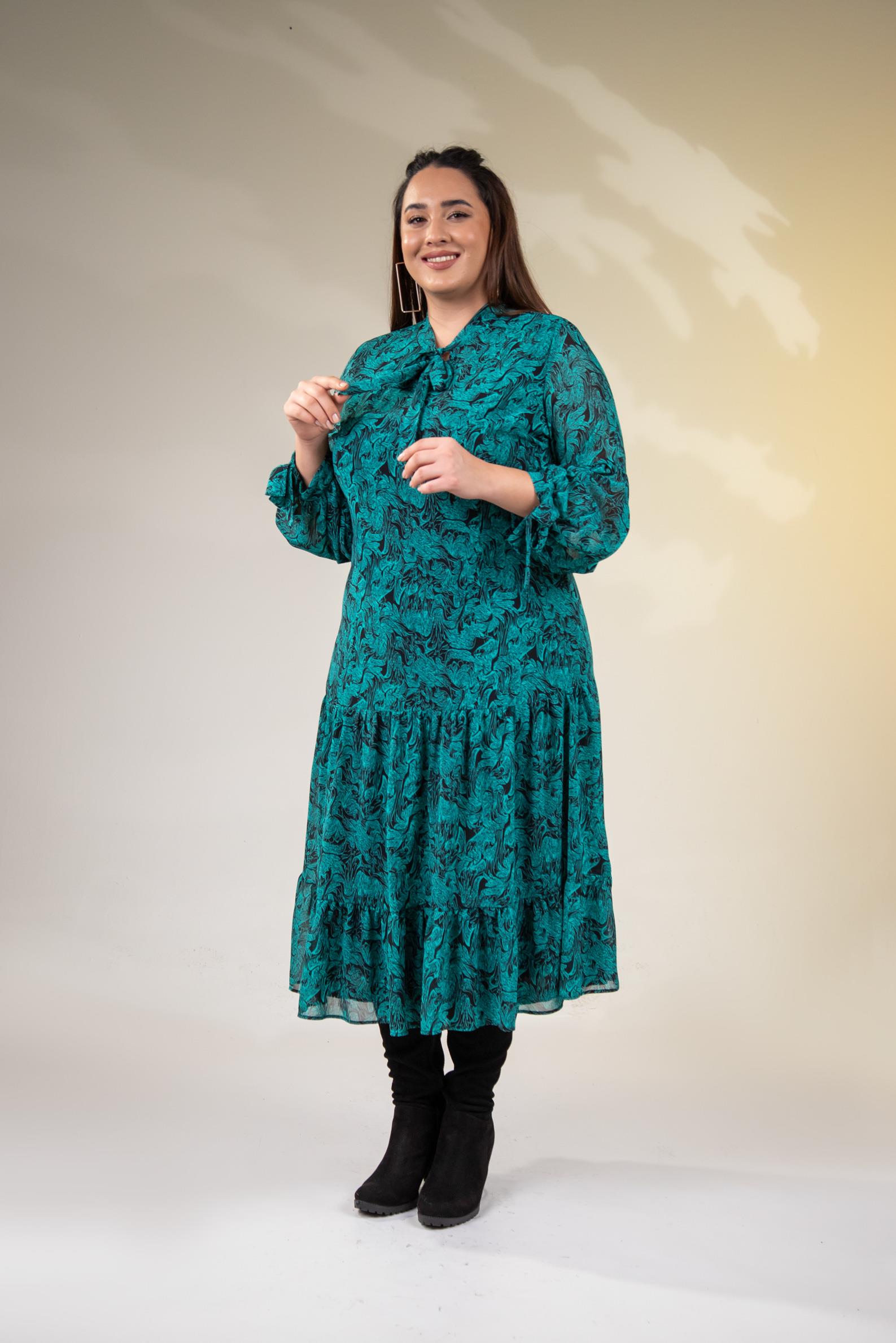 Büyük Beden 3330128 Yaka Bağlamalı Elbise  Yeşıl