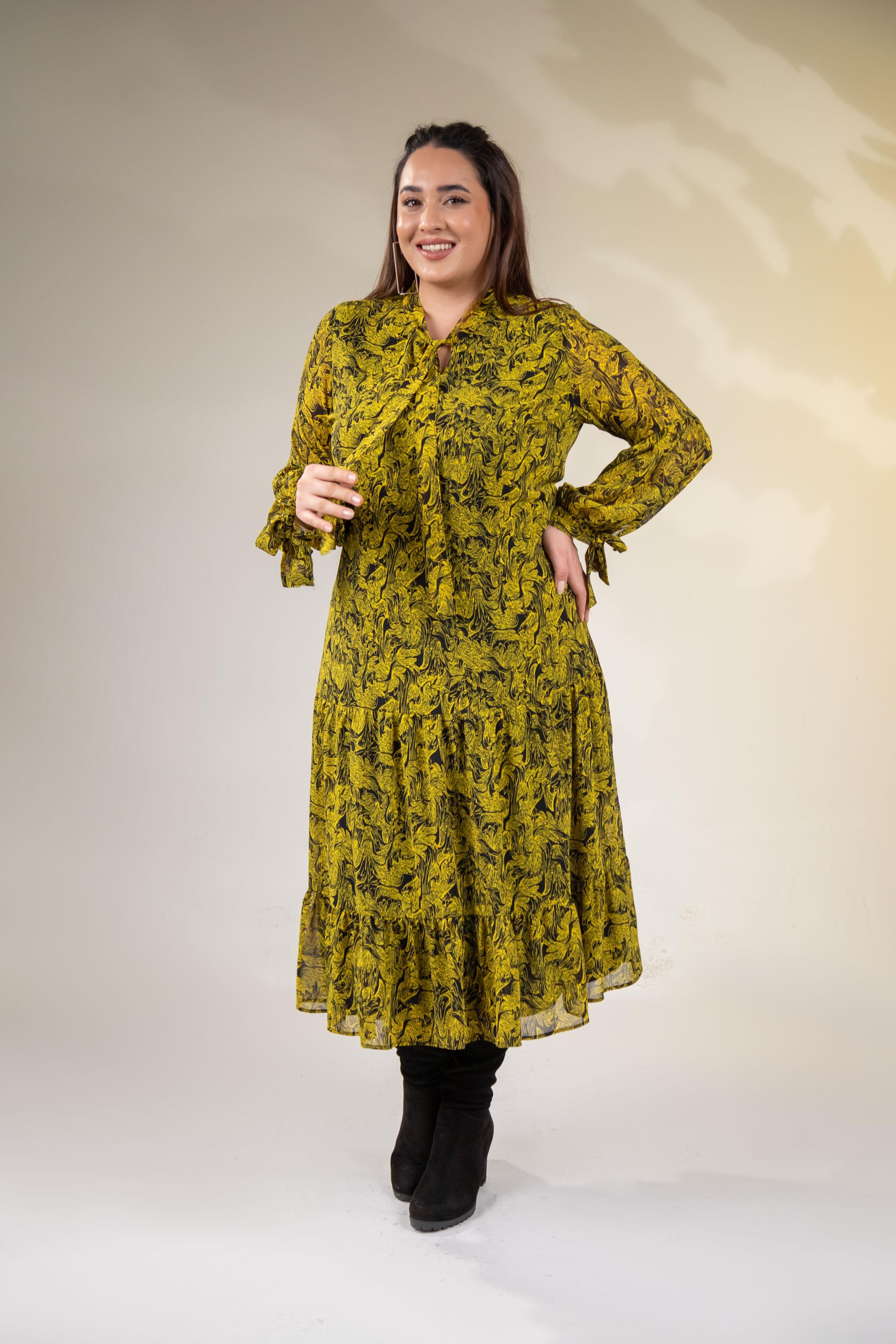 Büyük Beden 3330128 Yaka Bağlamalı Elbise  Sarı