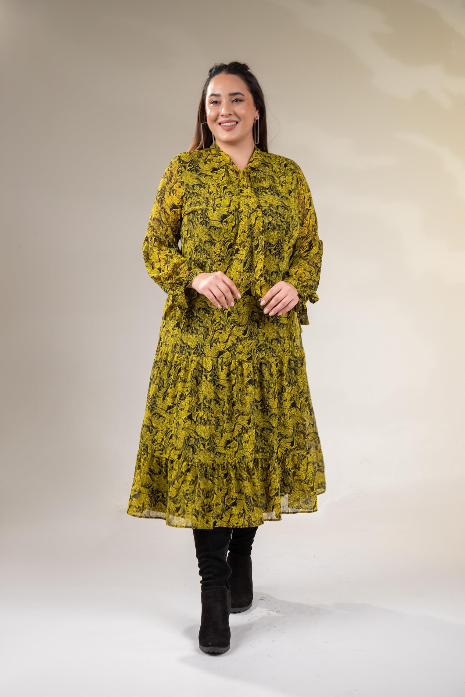 Büyük Beden 3330128 Yaka Bağlamalı Elbise  Sarı