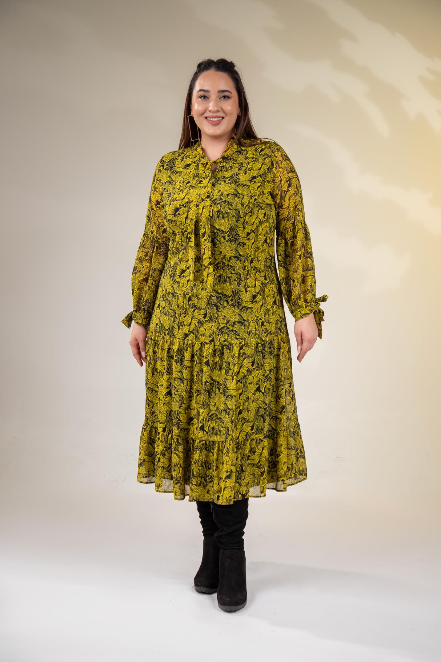 Büyük Beden 3330128 Yaka Bağlamalı Elbise  Sarı