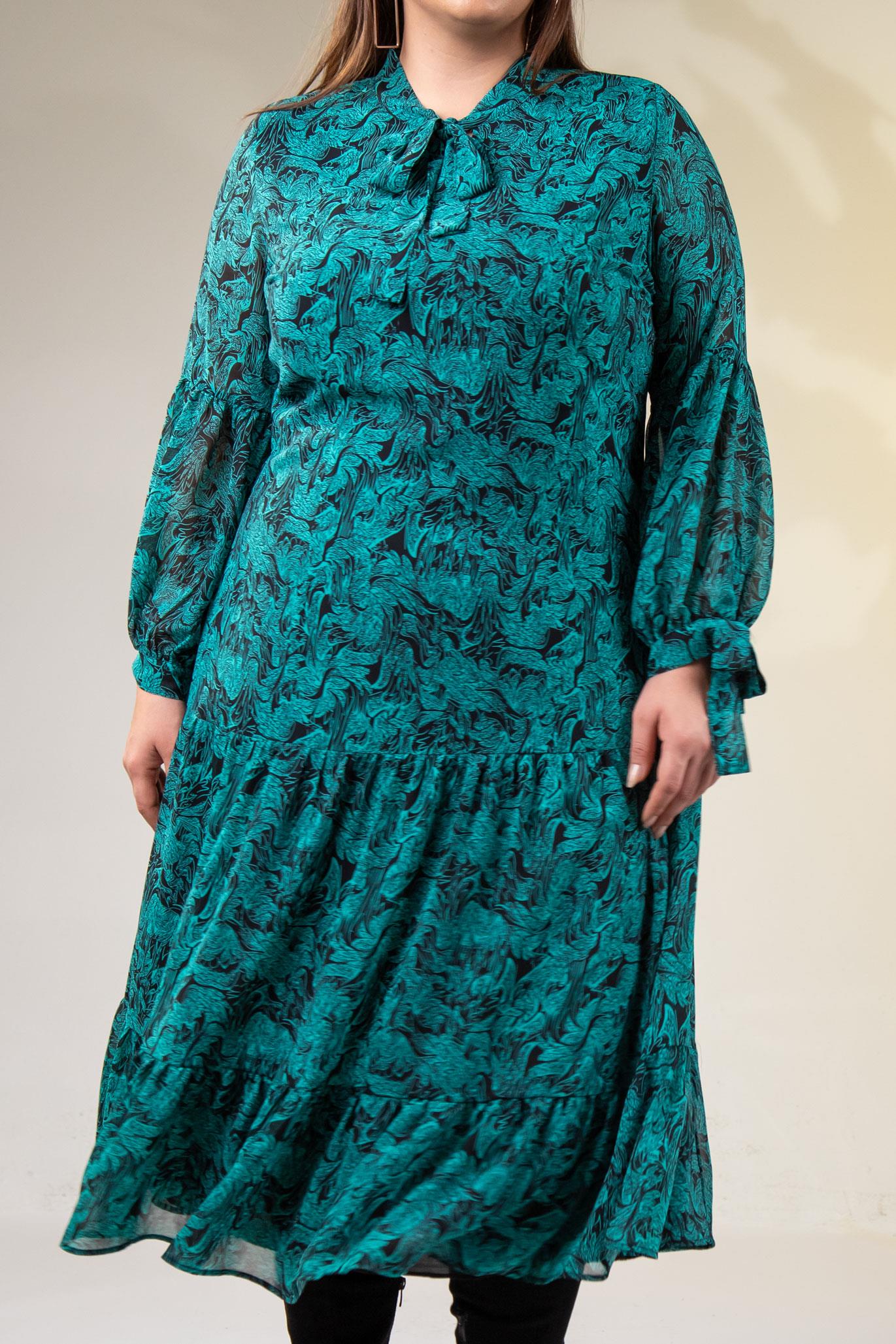 Büyük Beden 3330128 Yaka Bağlamalı Elbise  Yeşıl