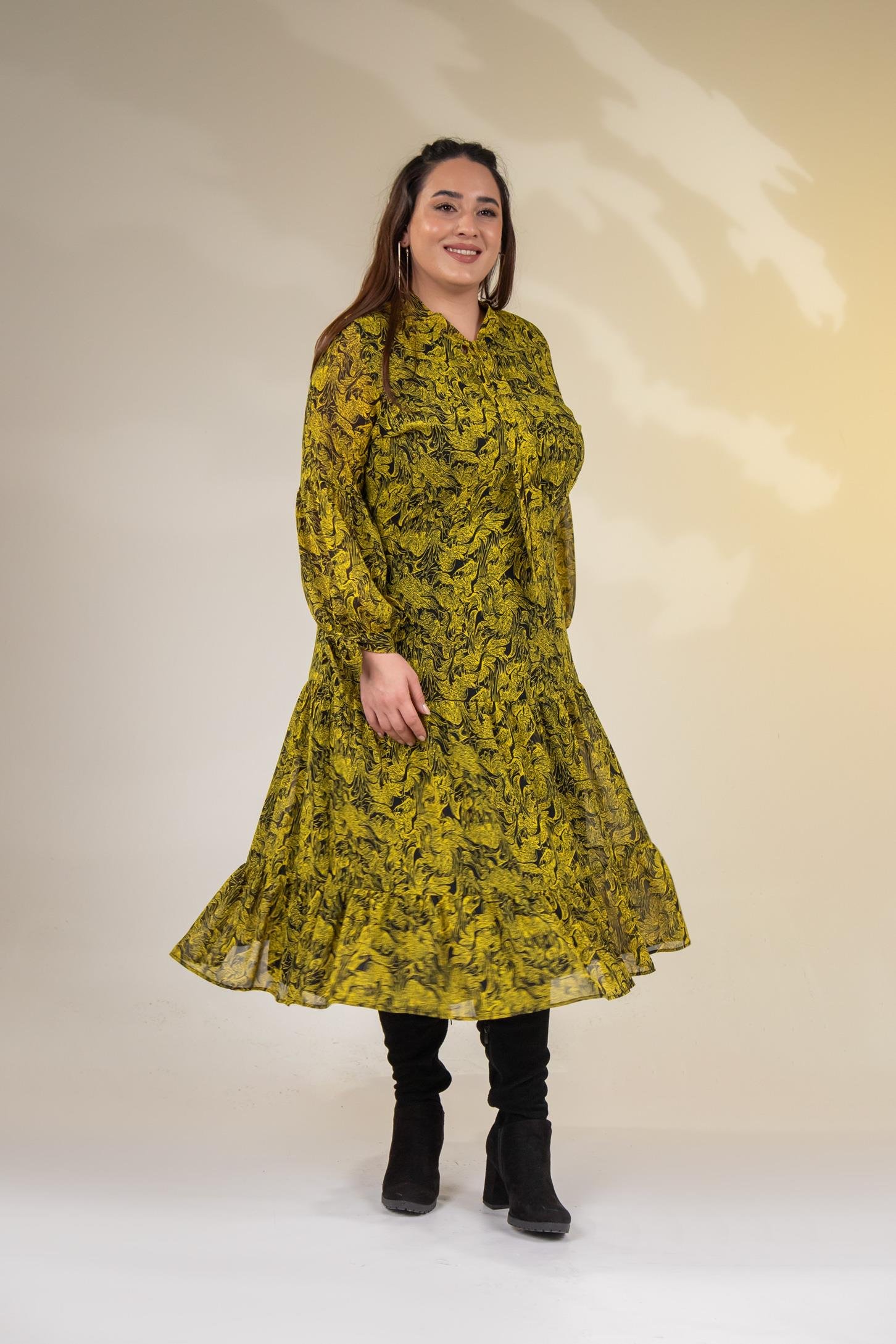 Büyük Beden 3330128 Yaka Bağlamalı Elbise  Sarı