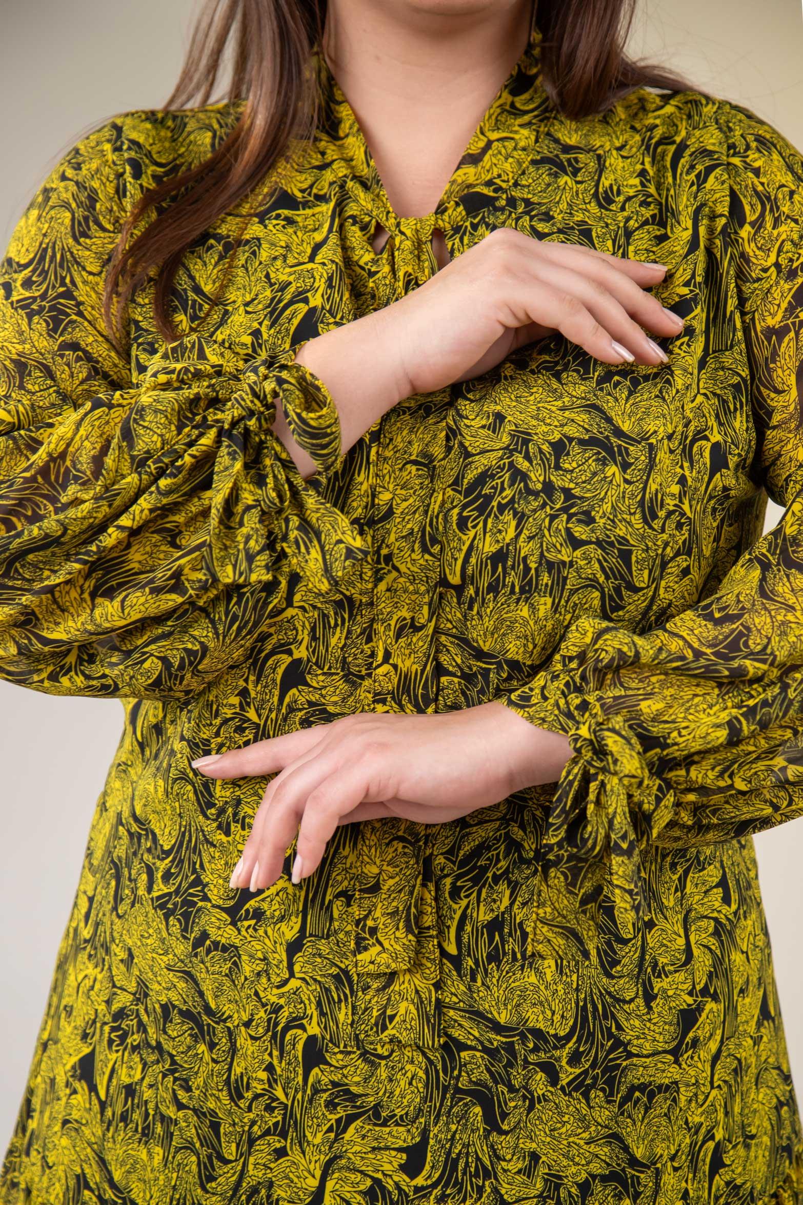 Büyük Beden 3330128 Yaka Bağlamalı Elbise  Sarı