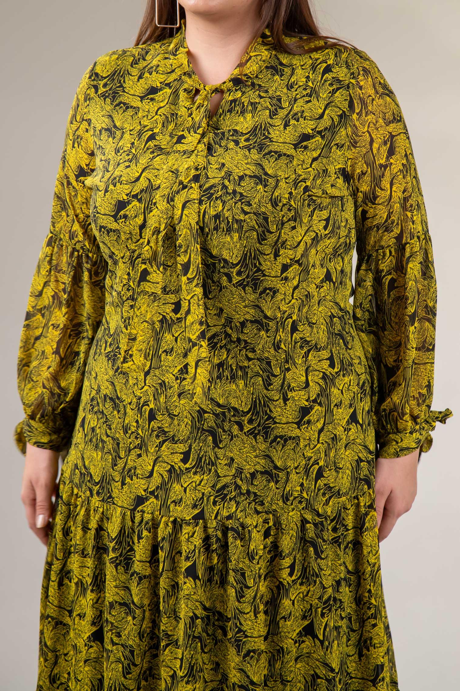 Büyük Beden 3330128 Yaka Bağlamalı Elbise  Sarı