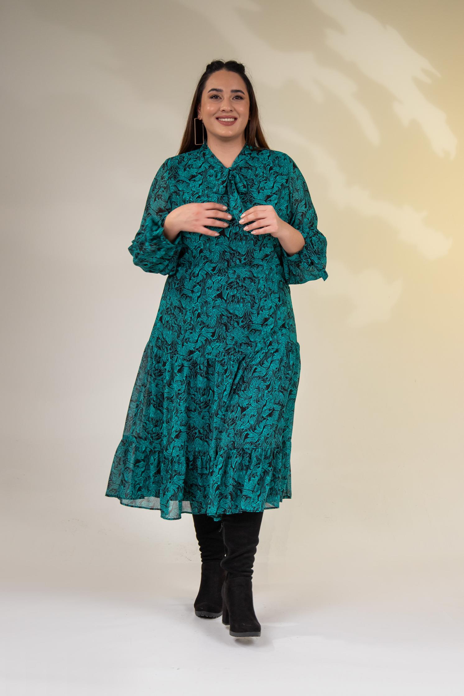 Büyük Beden 3330128 Yaka Bağlamalı Elbise  Yeşıl