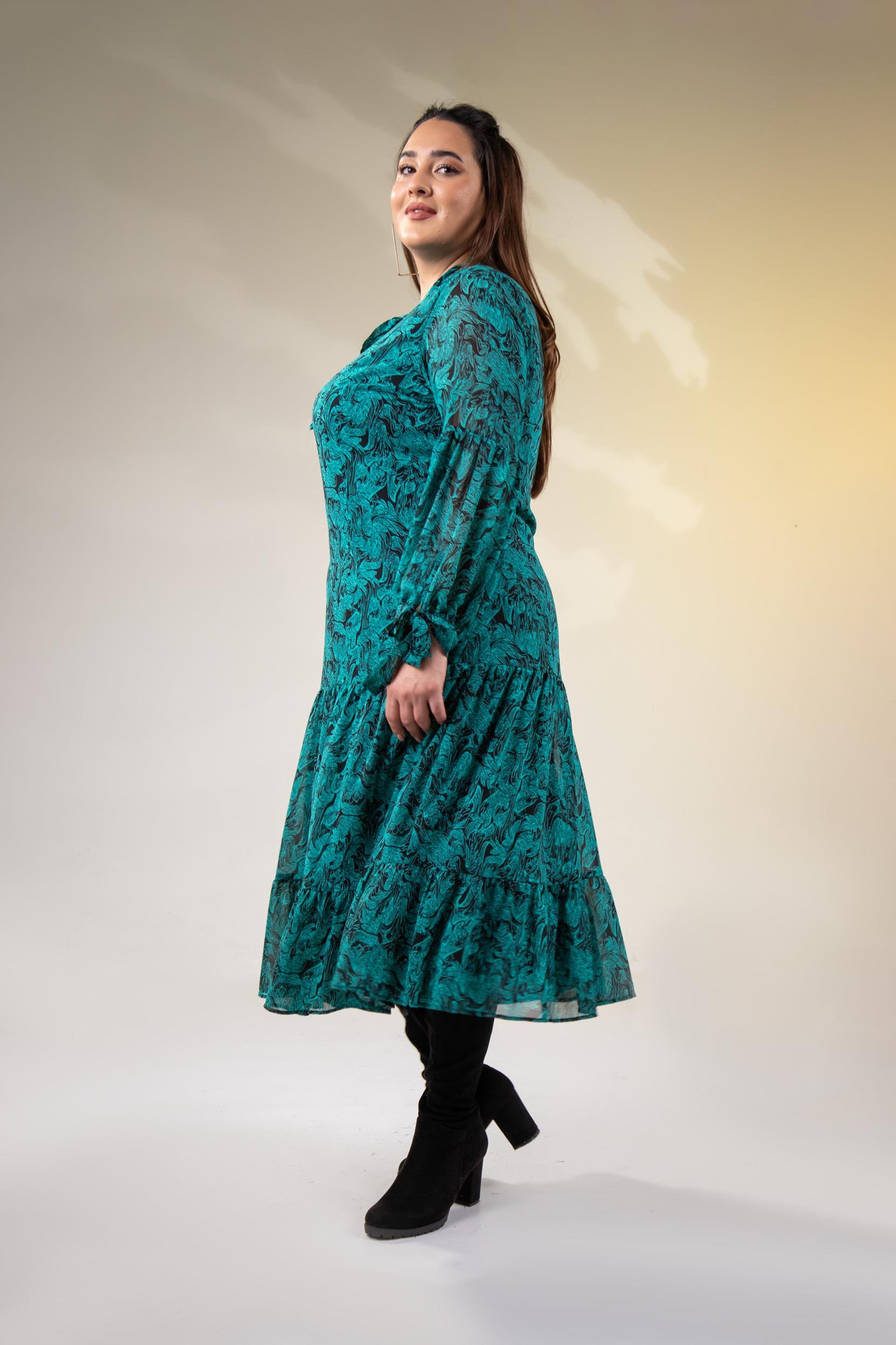 Büyük Beden 3330128 Yaka Bağlamalı Elbise  Yeşıl