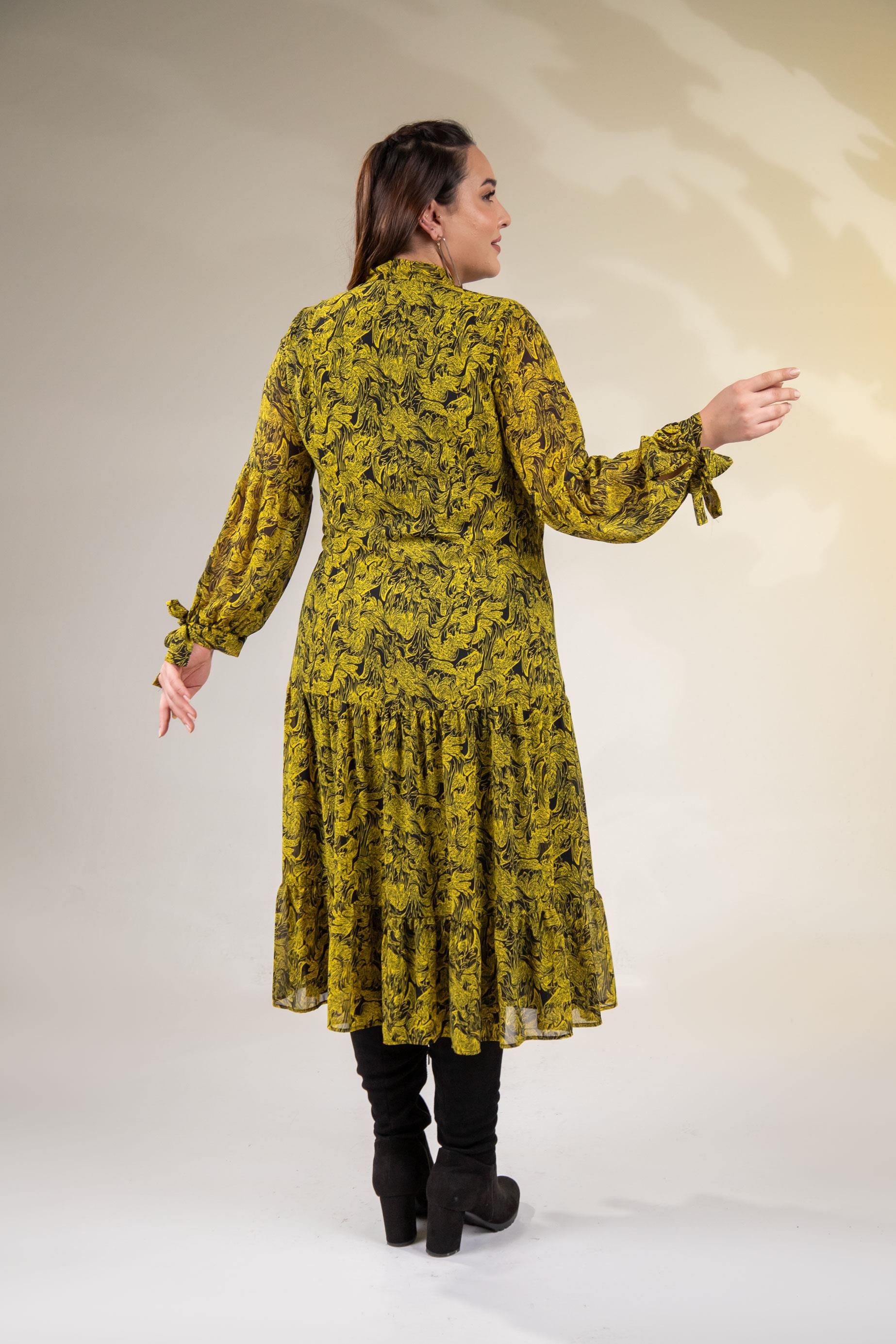 Büyük Beden 3330128 Yaka Bağlamalı Elbise  Sarı