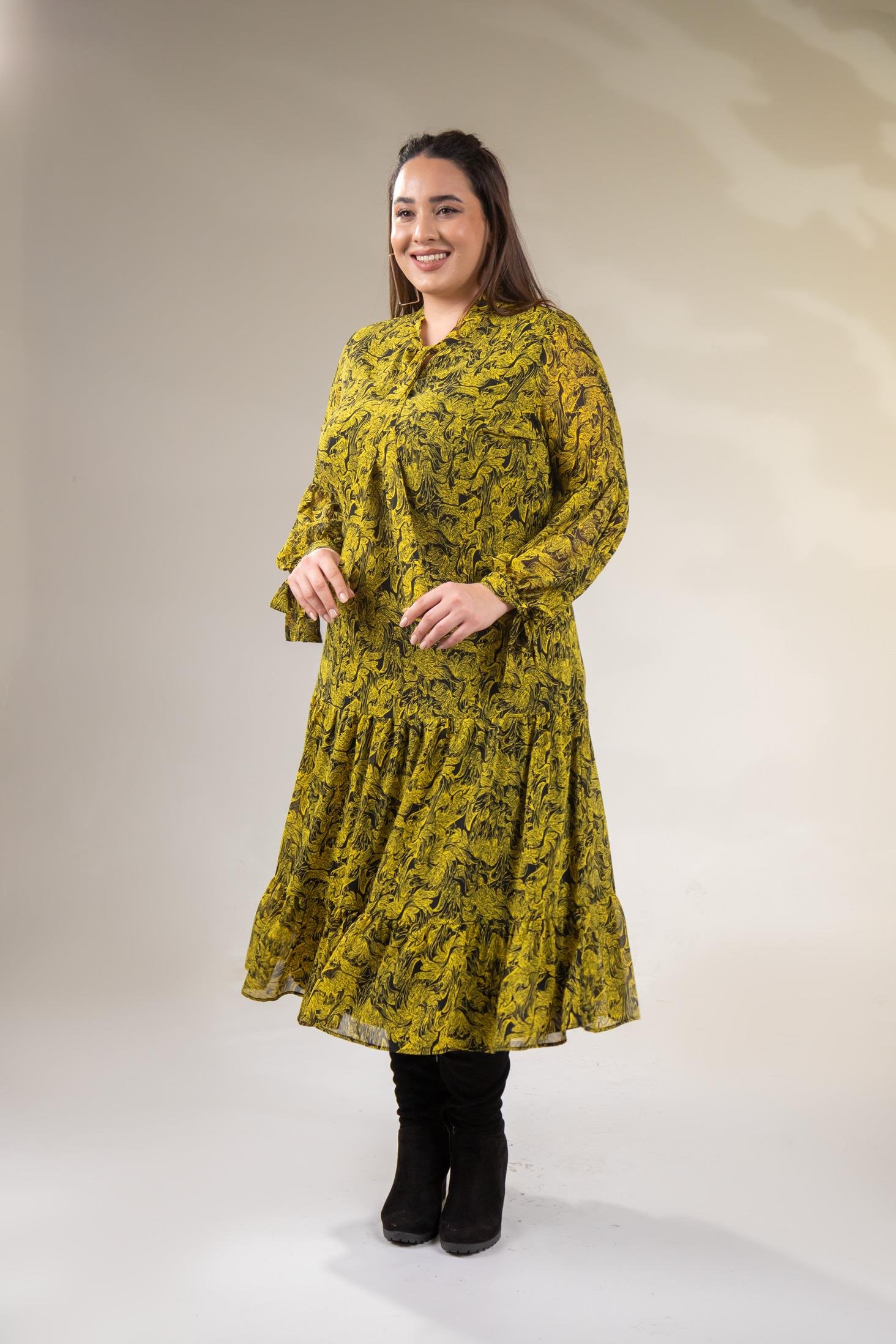 Büyük Beden 3330128 Yaka Bağlamalı Elbise  Sarı