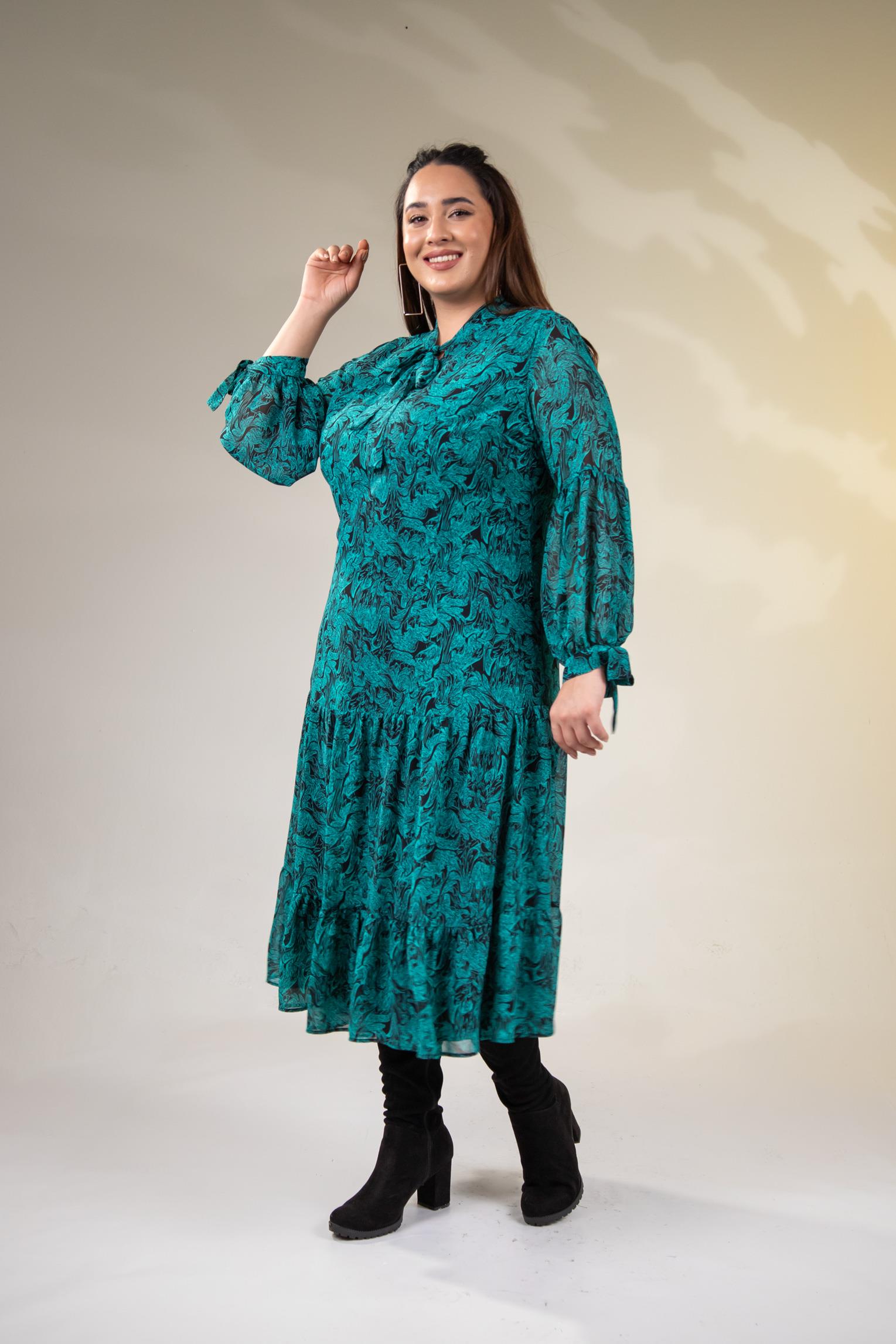 Büyük Beden 3330128 Yaka Bağlamalı Elbise  Yeşıl