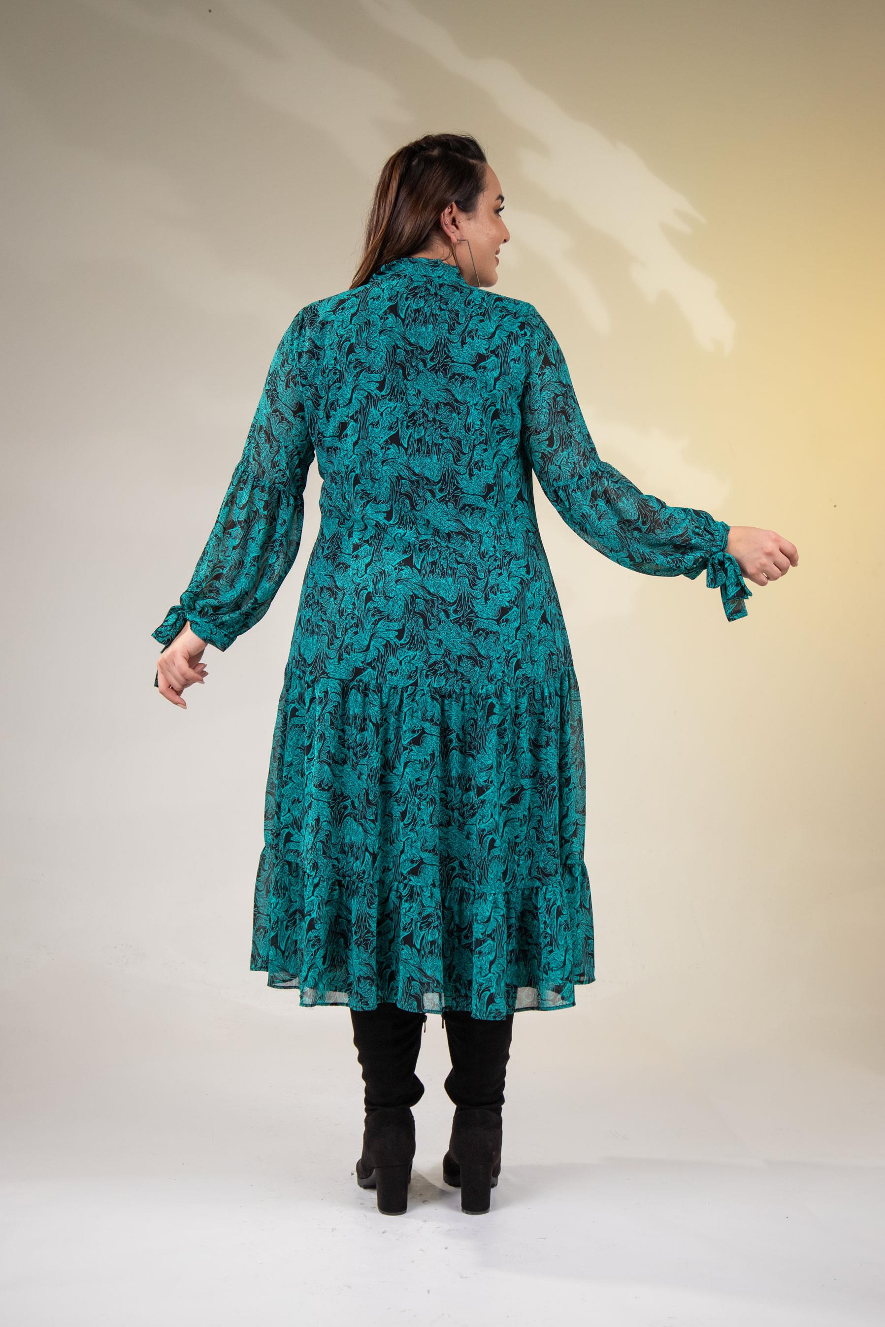 Büyük Beden 3330128 Yaka Bağlamalı Elbise  Yeşıl