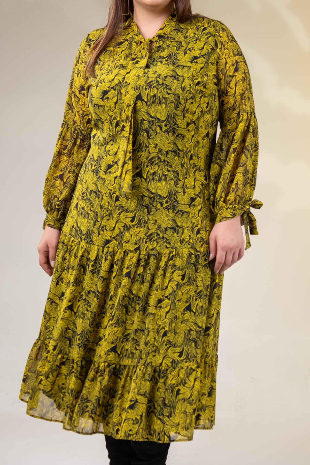 Büyük Beden 3330128 Yaka Bağlamalı Elbise  Sarı