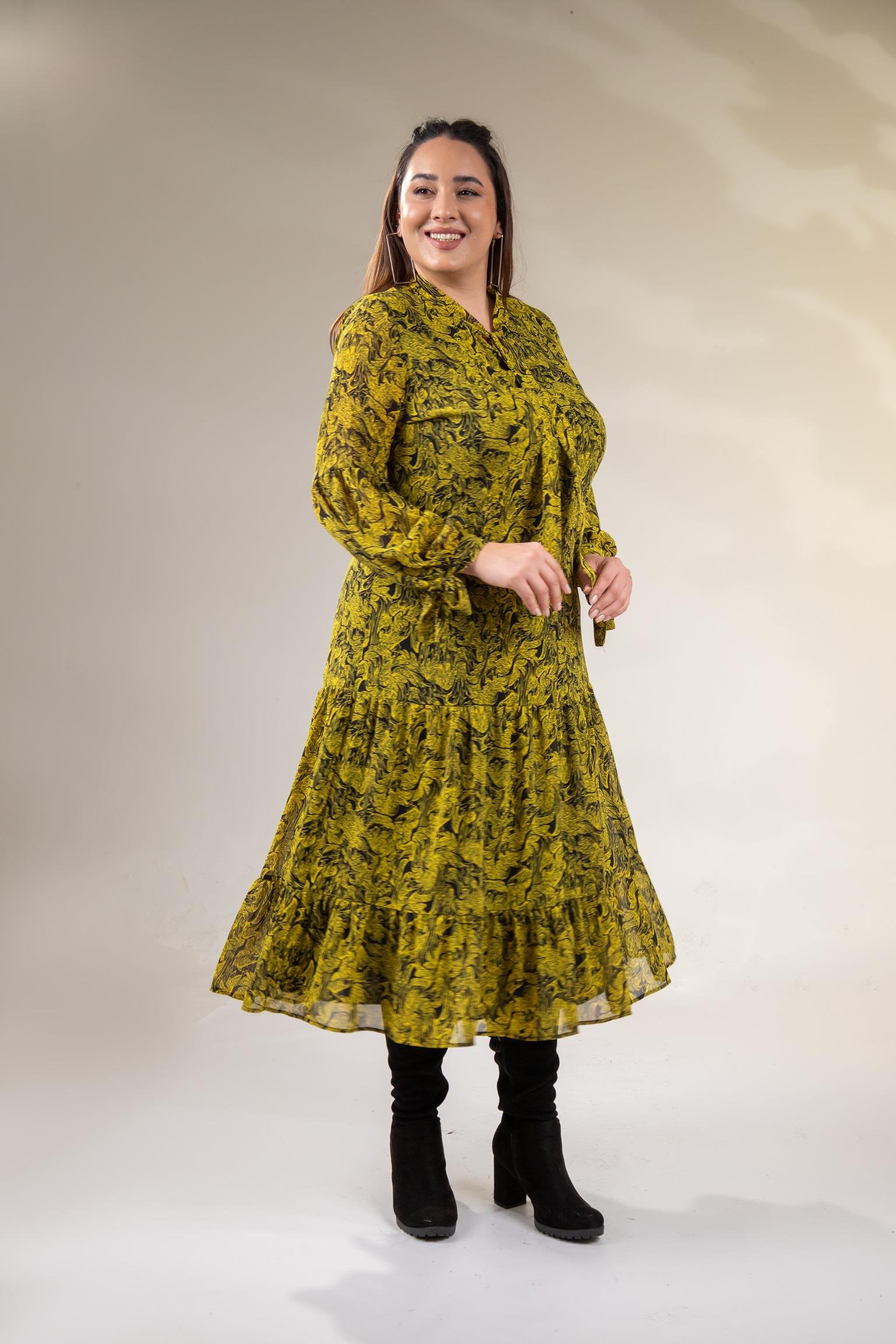 Büyük Beden 3330128 Yaka Bağlamalı Elbise  Sarı