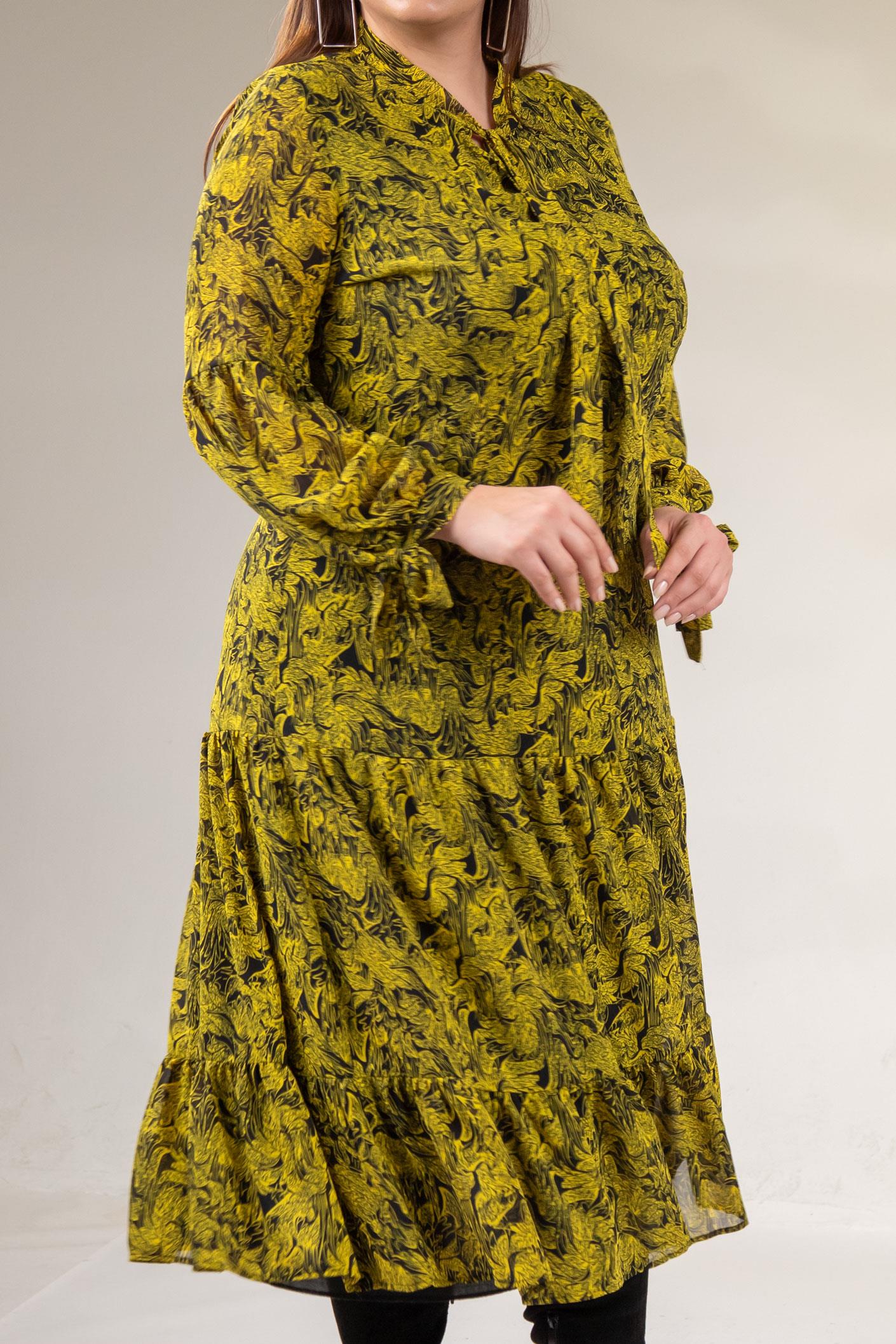 Büyük Beden 3330128 Yaka Bağlamalı Elbise  Sarı