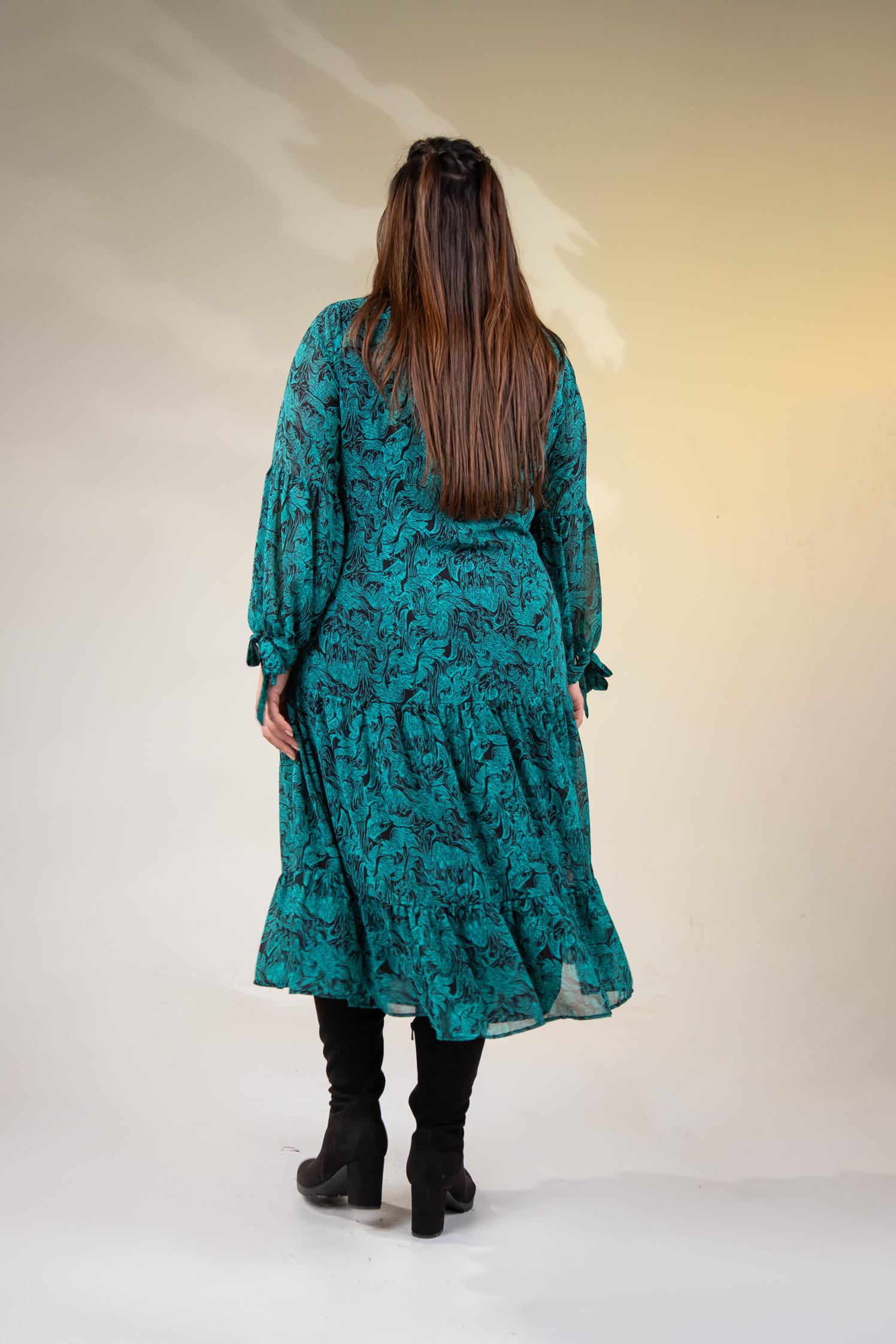 Büyük Beden 3330128 Yaka Bağlamalı Elbise  Yeşıl