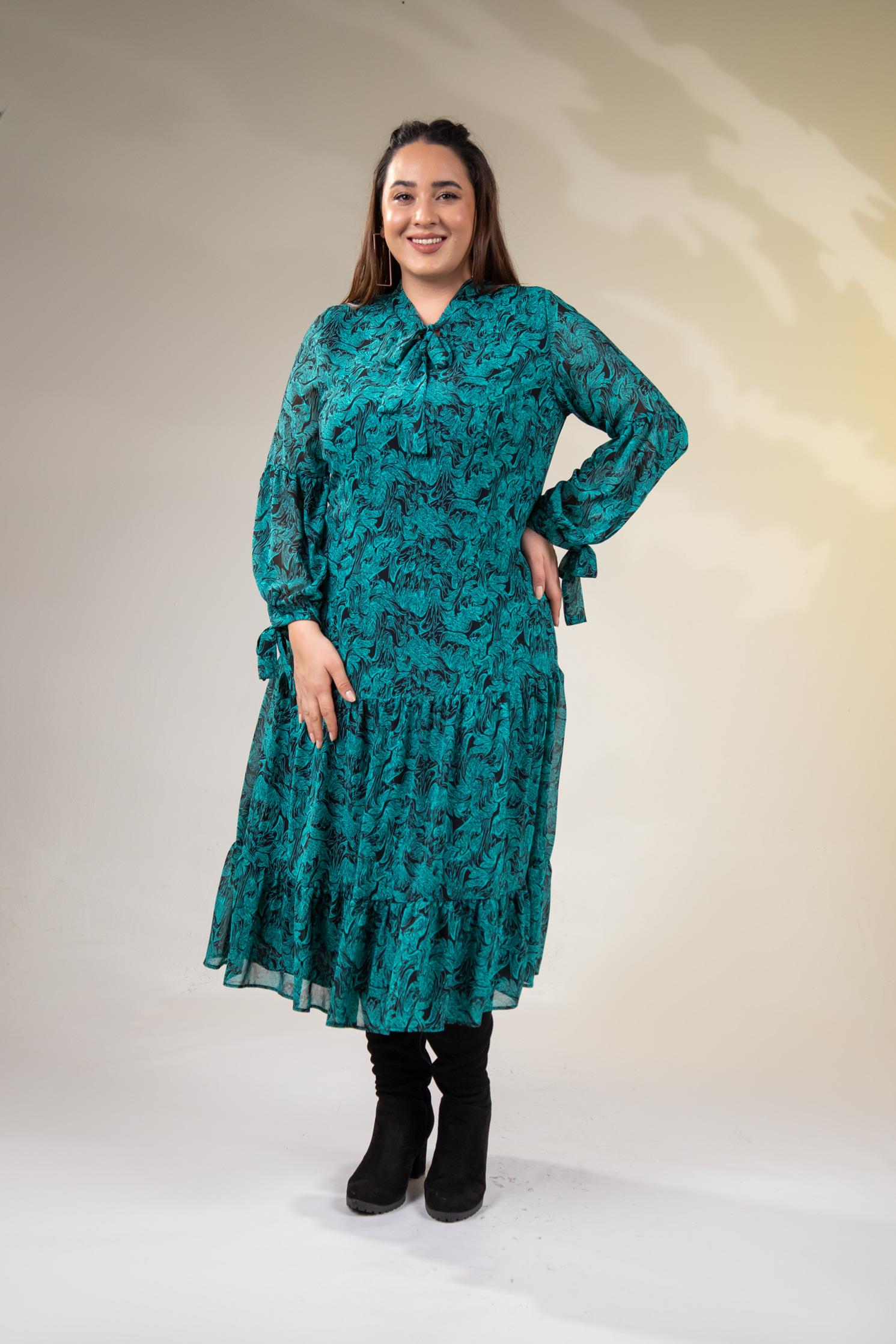 Büyük Beden 3330128 Yaka Bağlamalı Elbise  Yeşıl