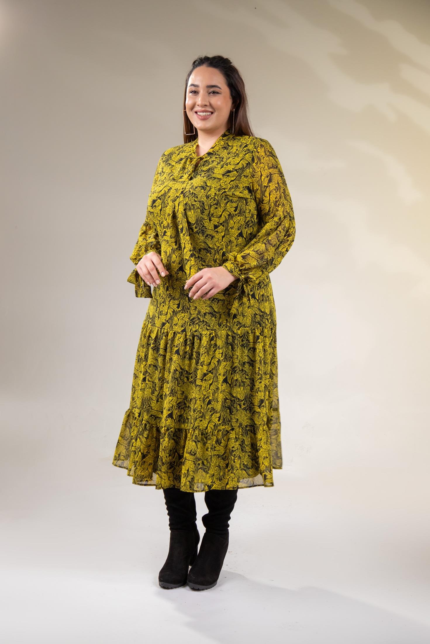 Büyük Beden 3330128 Yaka Bağlamalı Elbise  Sarı