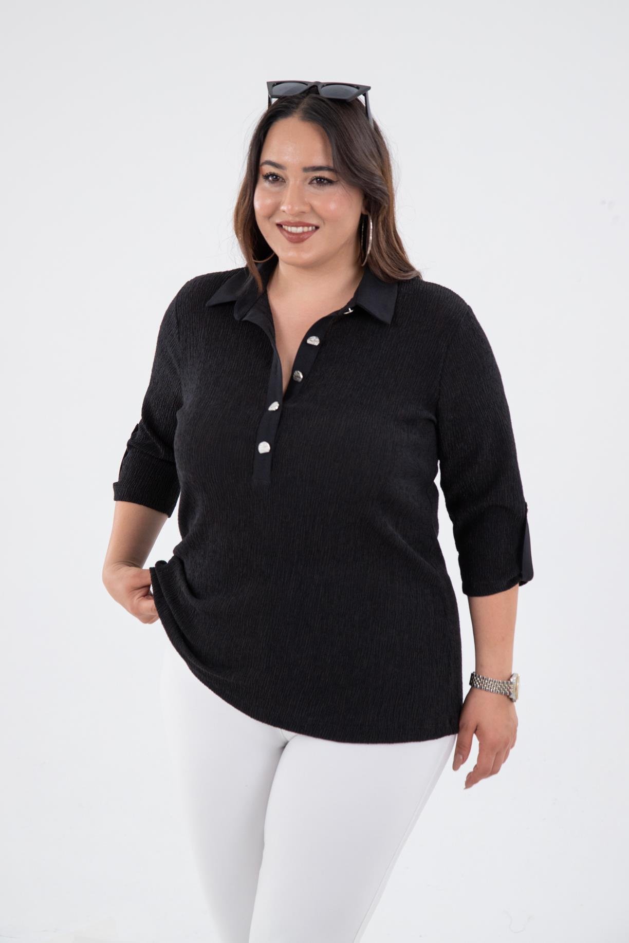 Büyük Beden 3330131 Düğme Detaylı Bluz  Siyah