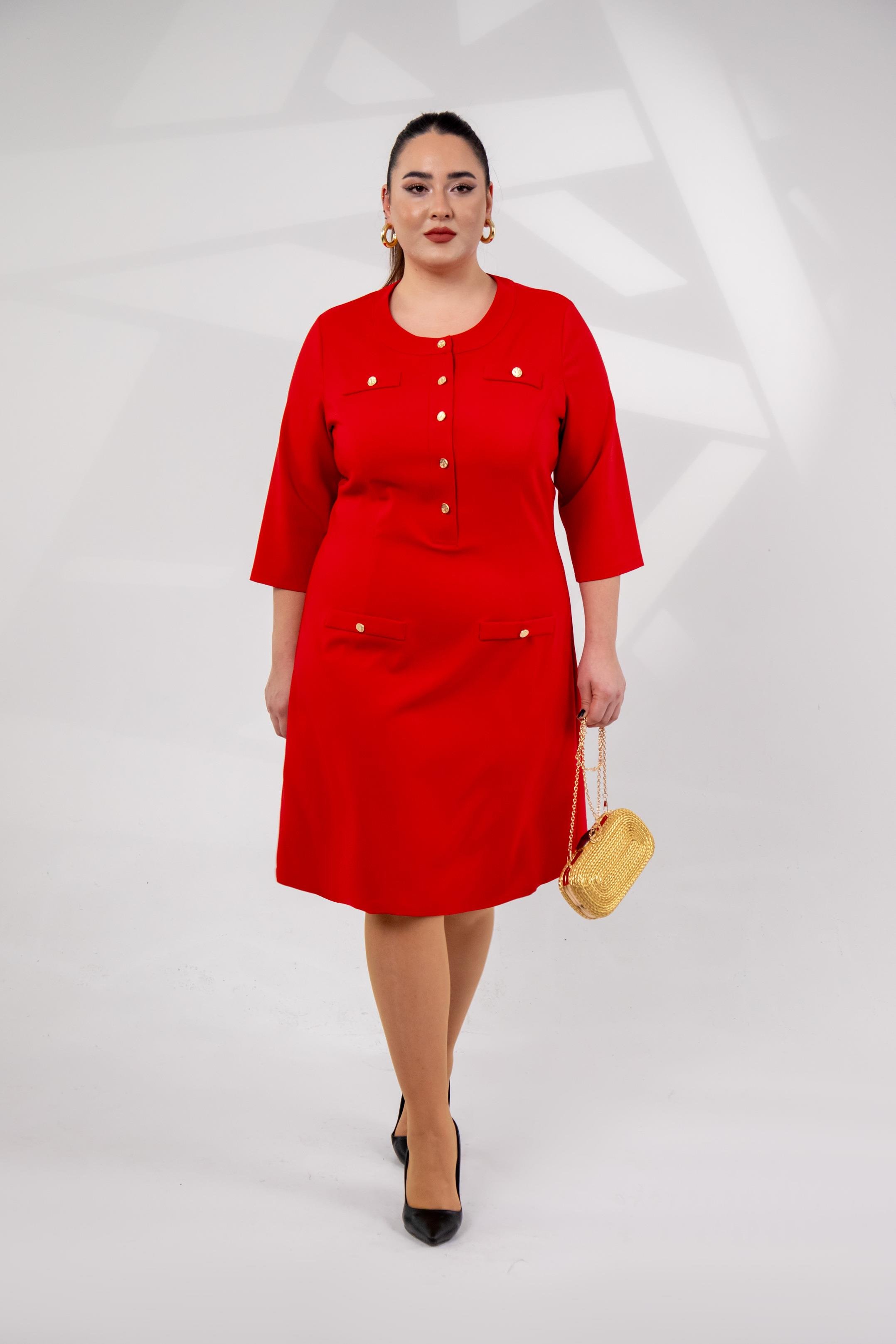 Büyük Beden 3330193 Düğme Detaylı Elbise Kırmızı