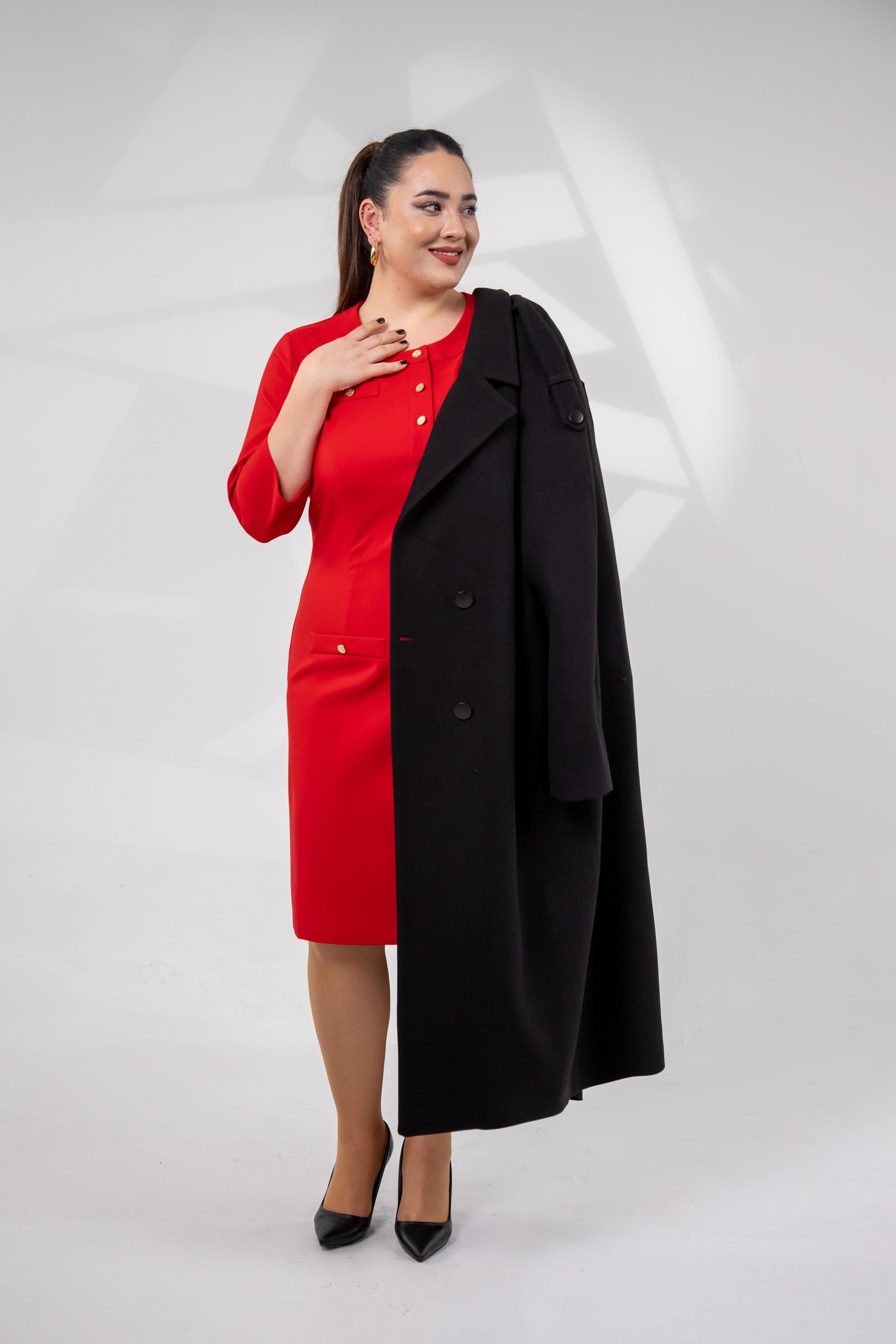 Büyük Beden 3330193 Düğme Detaylı Elbise Kırmızı