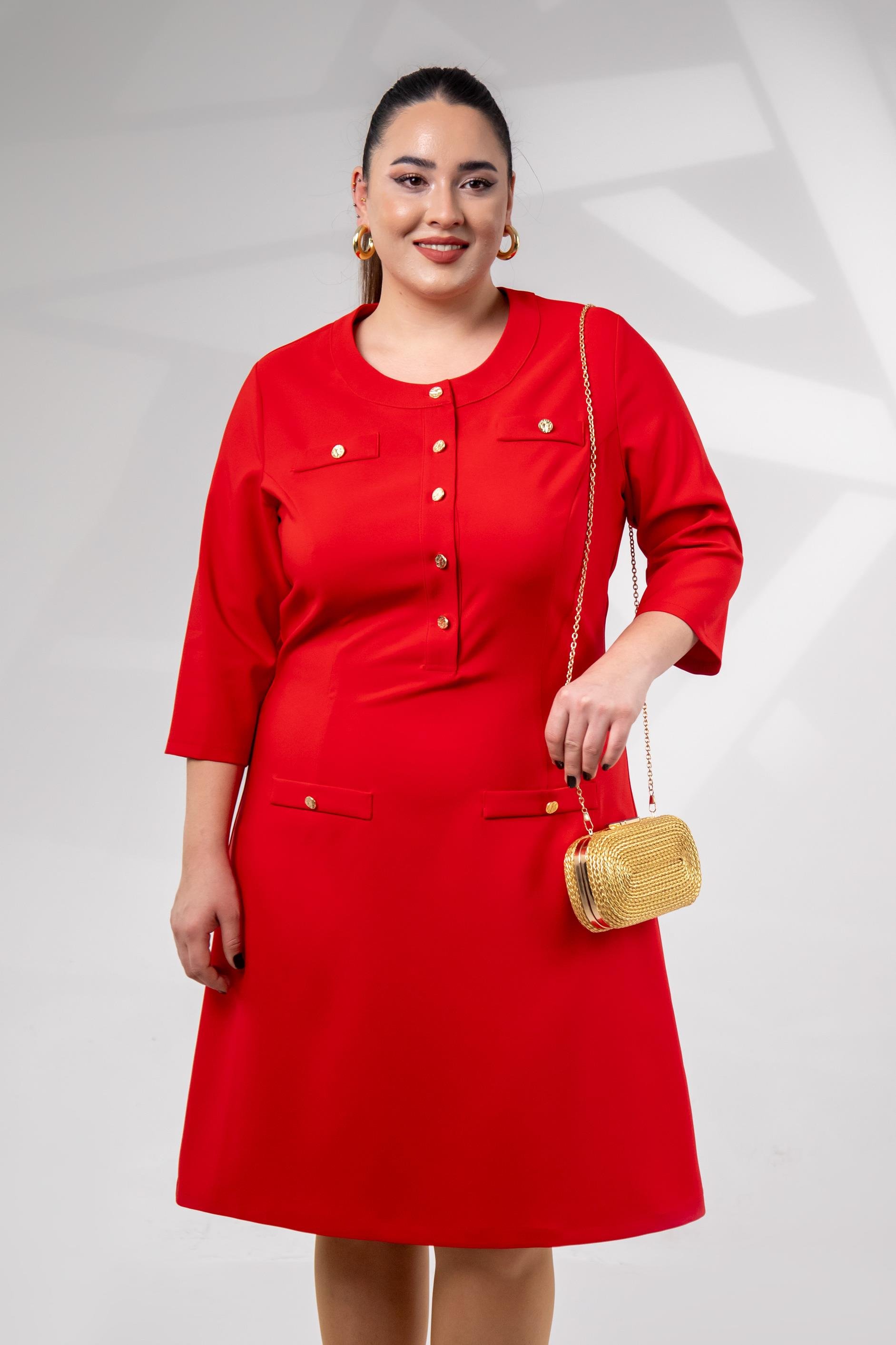 Büyük Beden 3330193 Düğme Detaylı Elbise Kırmızı