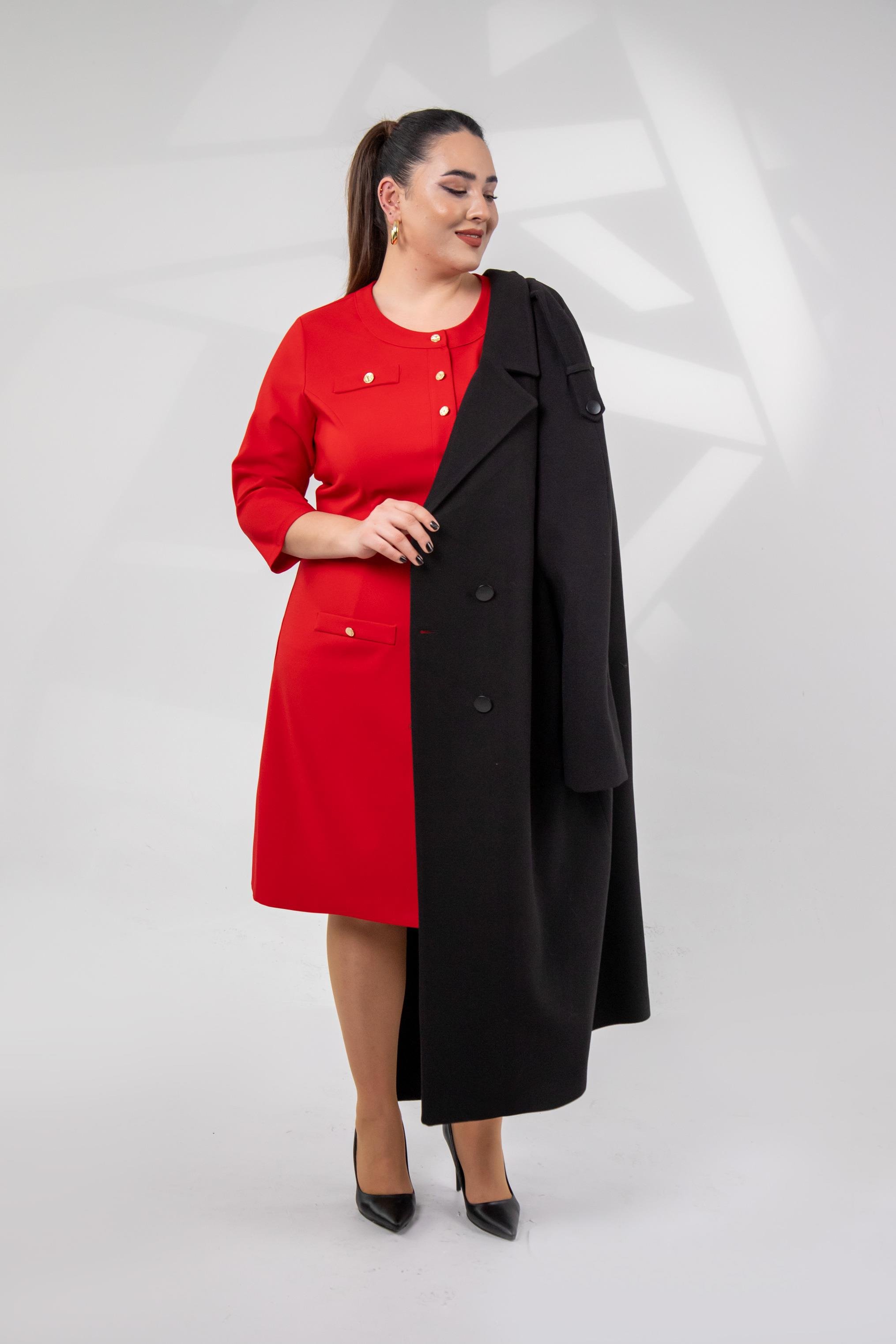 Büyük Beden 3330193 Düğme Detaylı Elbise Kırmızı