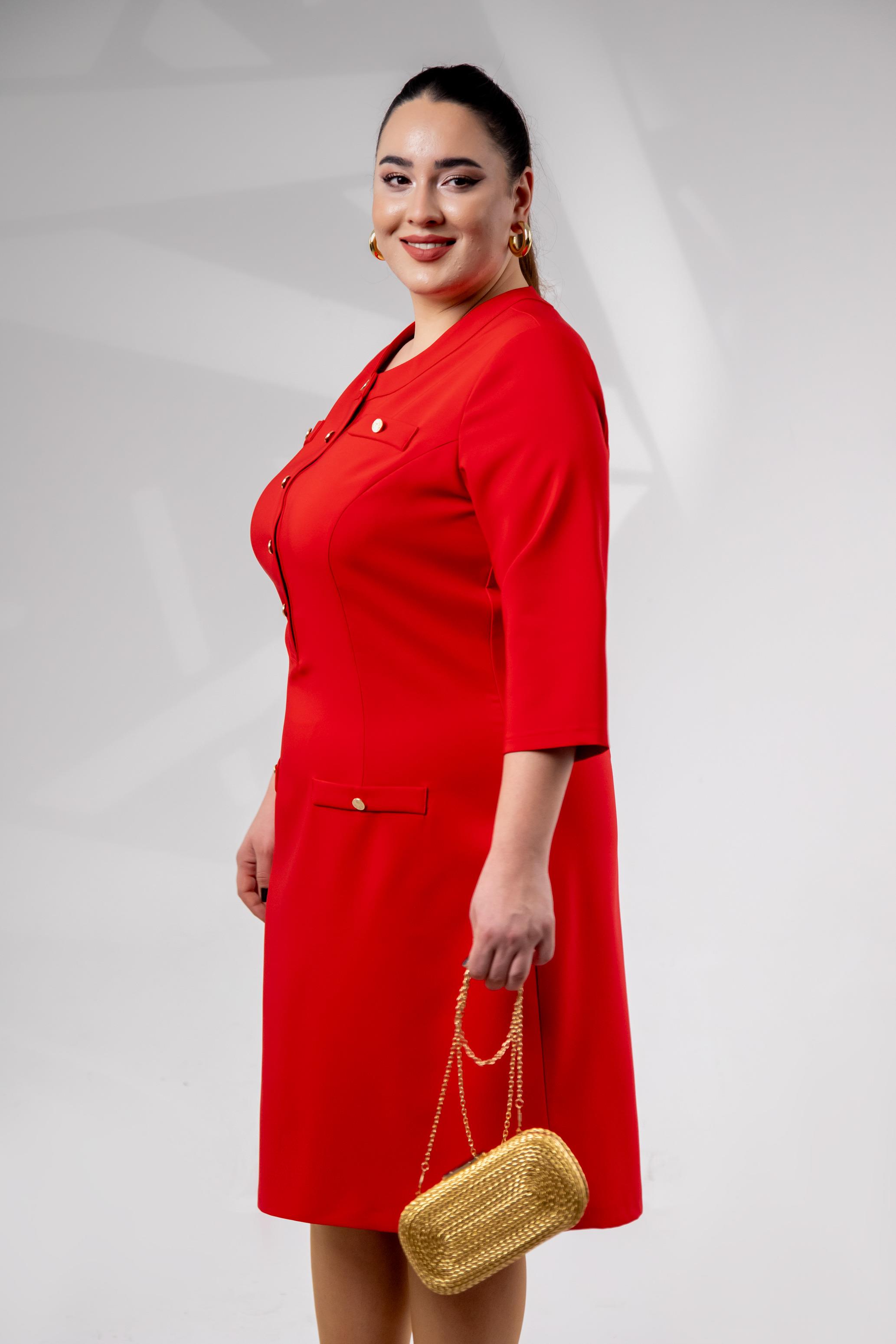 Büyük Beden 3330193 Düğme Detaylı Elbise Kırmızı