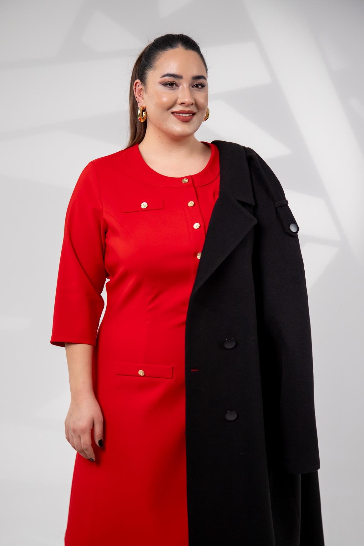 Büyük Beden 3330193 Düğme Detaylı Elbise Kırmızı