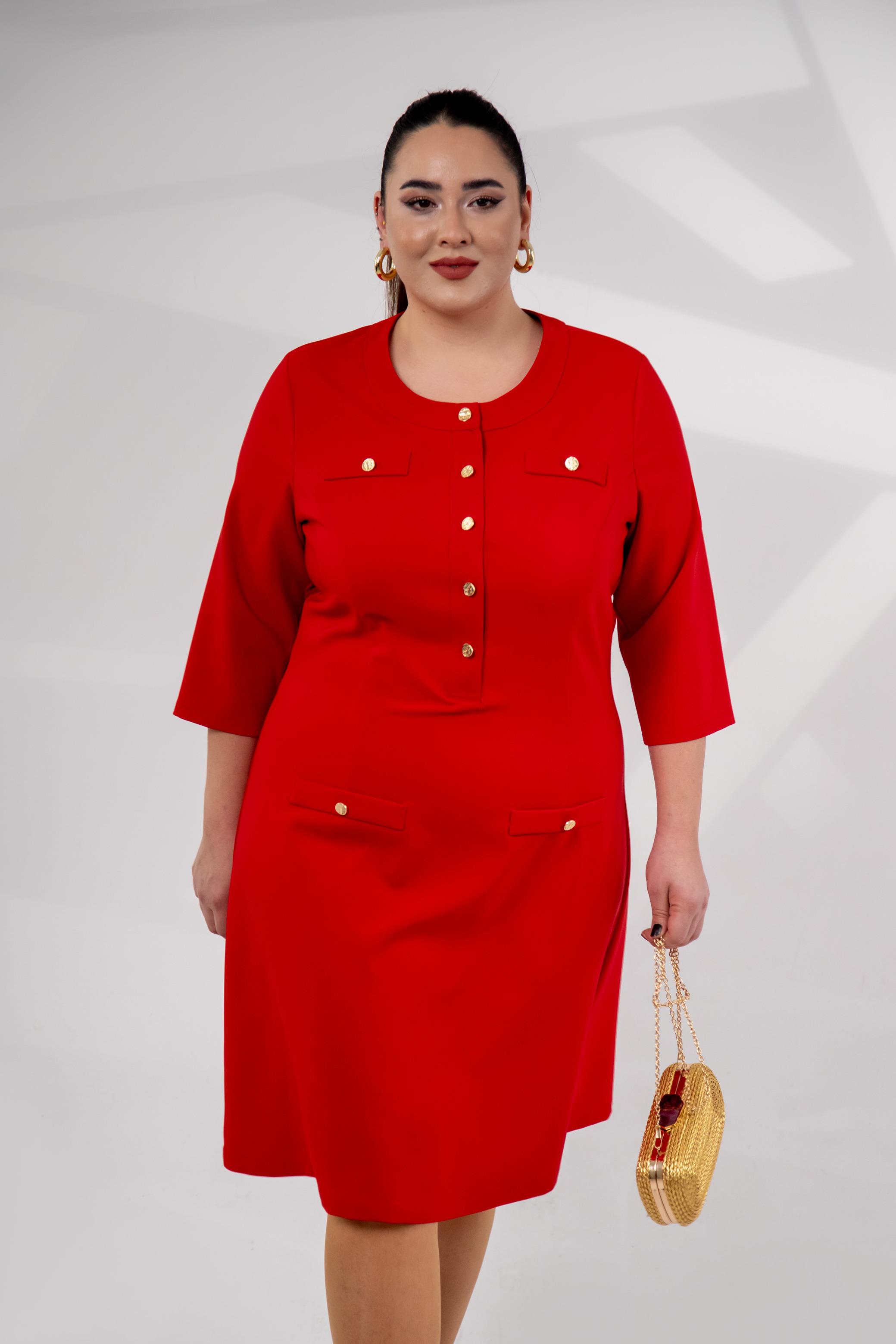 Büyük Beden 3330193 Düğme Detaylı Elbise Kırmızı