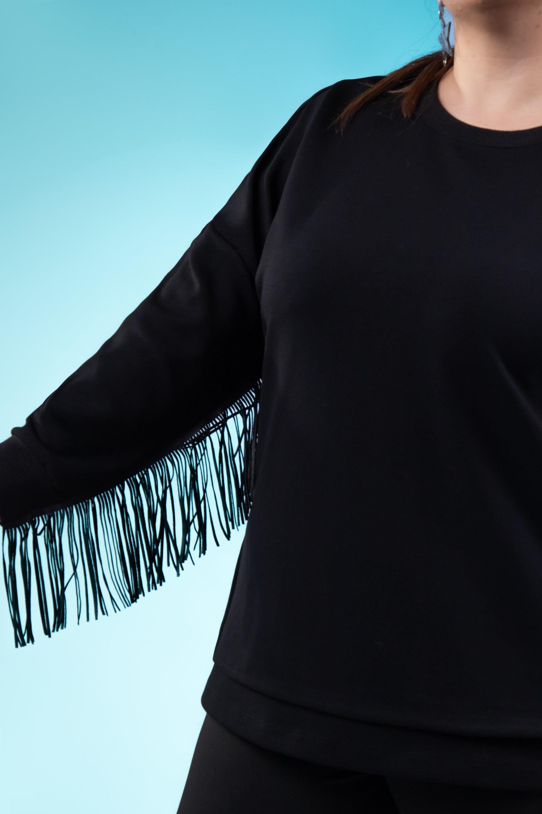 Büyük Beden 3330226 Deri Saçaklı Sweat Siyah