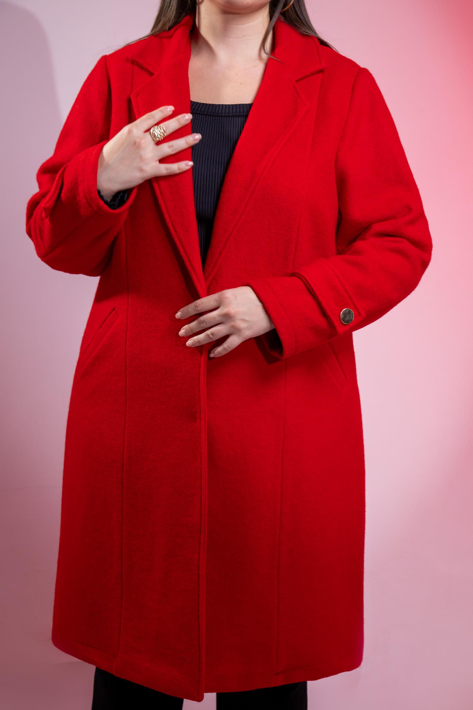 Büyük Beden 3330246 Çıt Çıt Detaylı Kaban Kırmızı