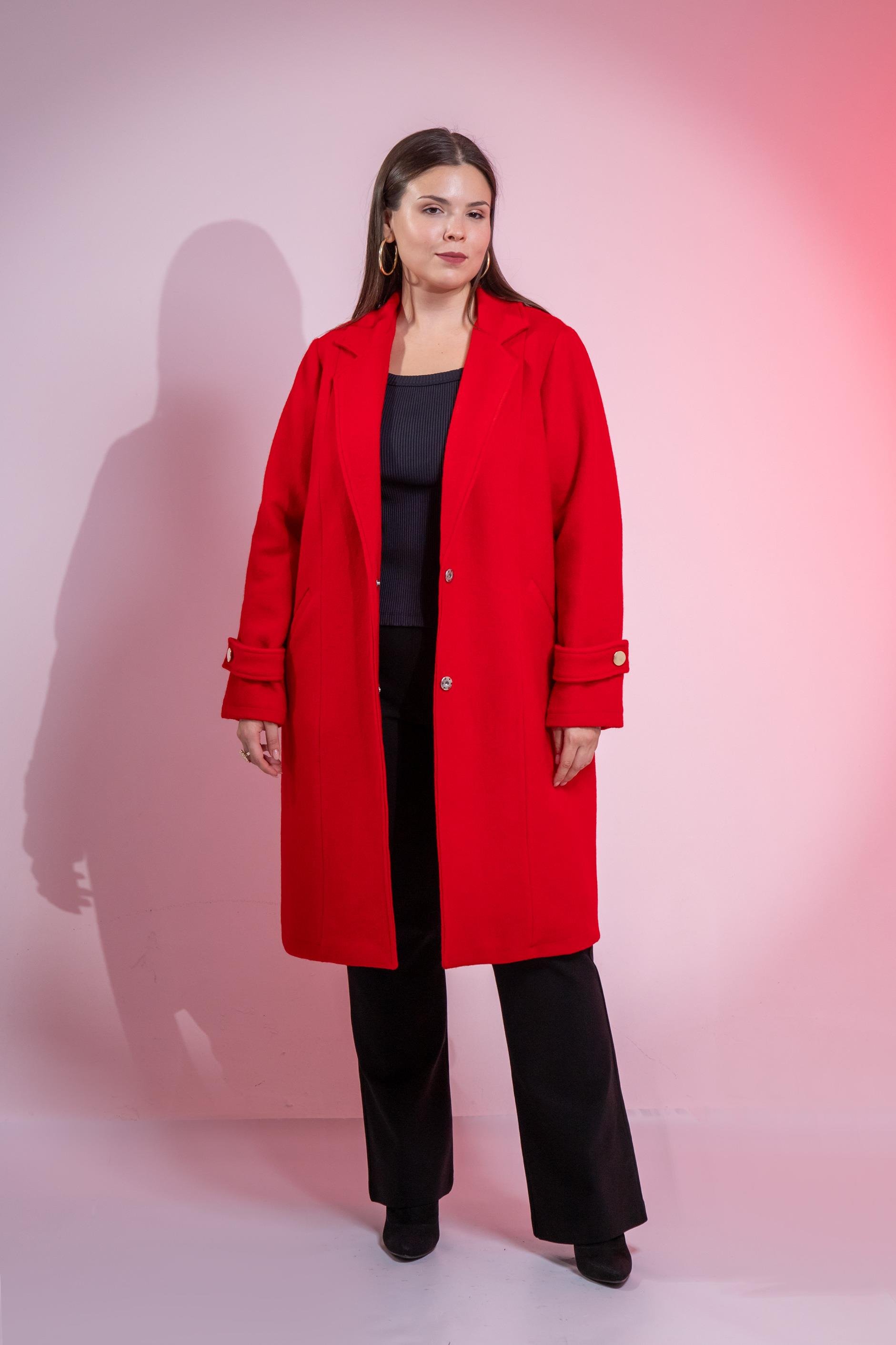 Büyük Beden 3330246 Çıt Çıt Detaylı Kaban Kırmızı