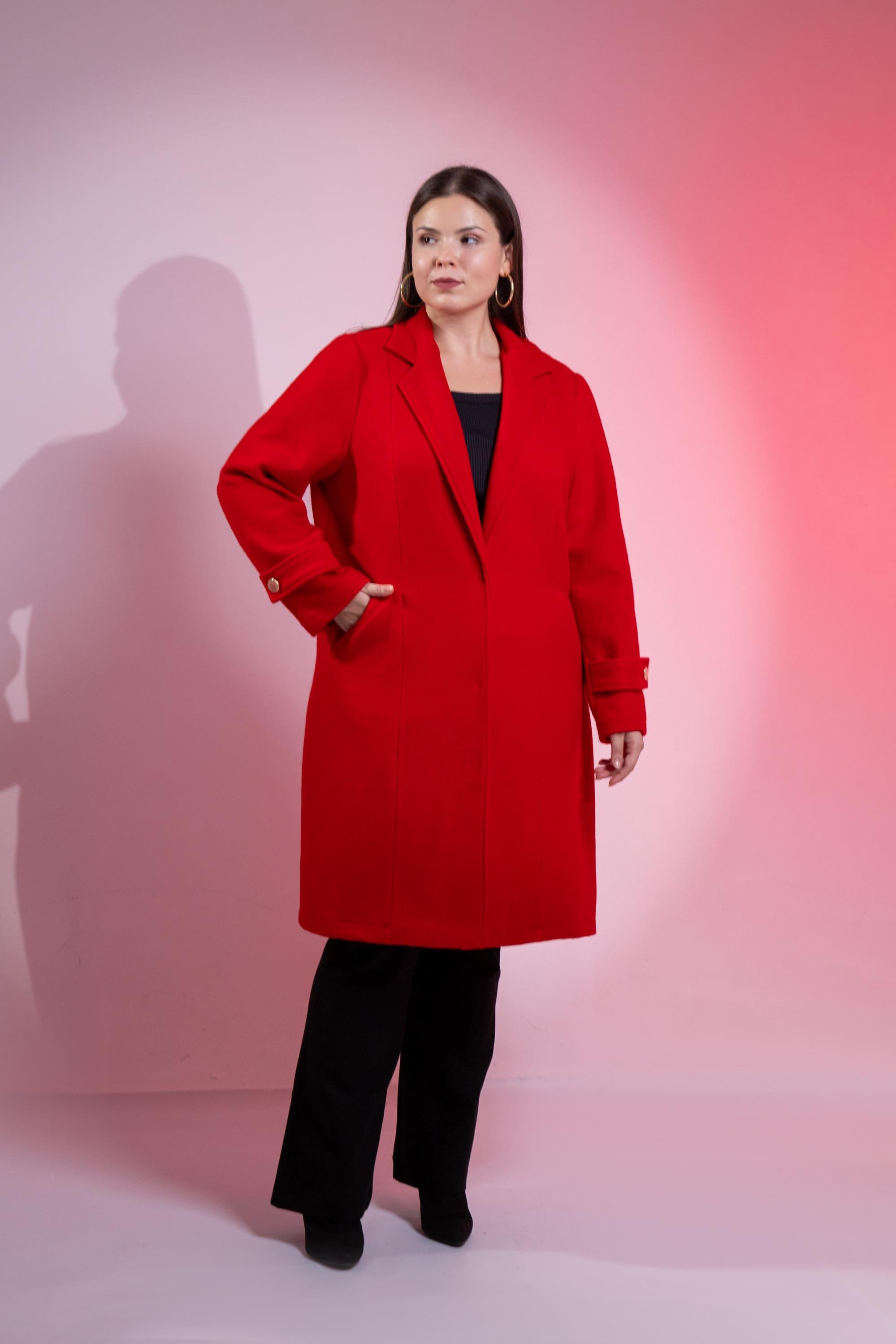 Büyük Beden 3330246 Çıt Çıt Detaylı Kaban Kırmızı