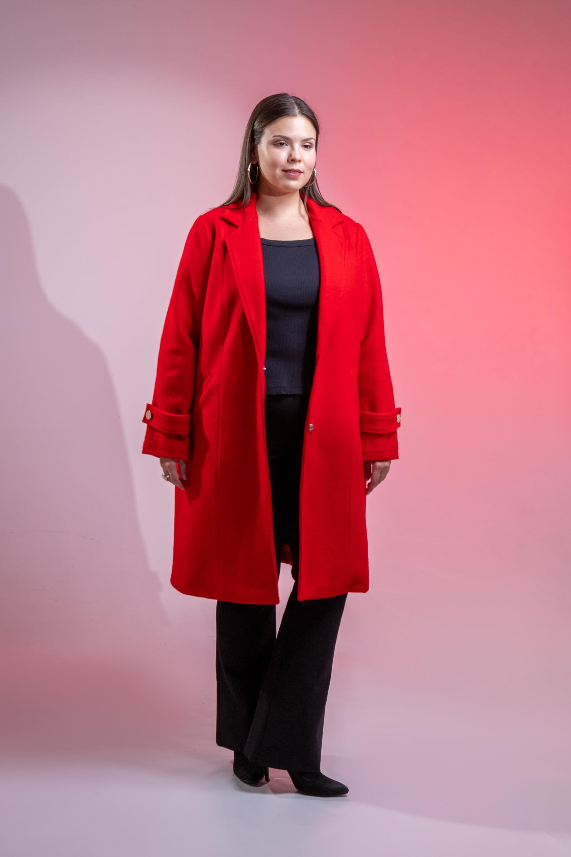 Büyük Beden 3330246 Çıt Çıt Detaylı Kaban Kırmızı