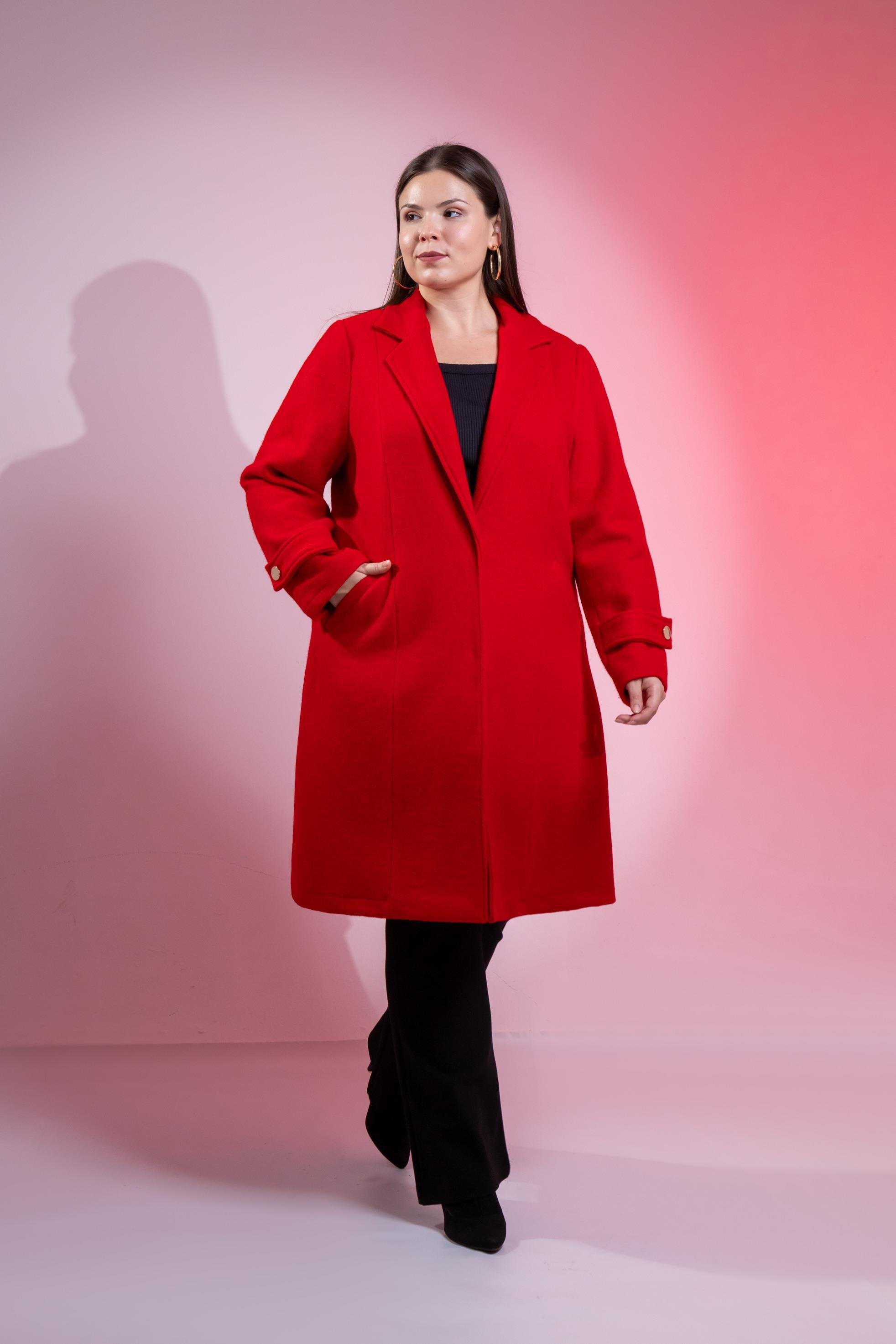 Büyük Beden 3330246 Çıt Çıt Detaylı Kaban Kırmızı