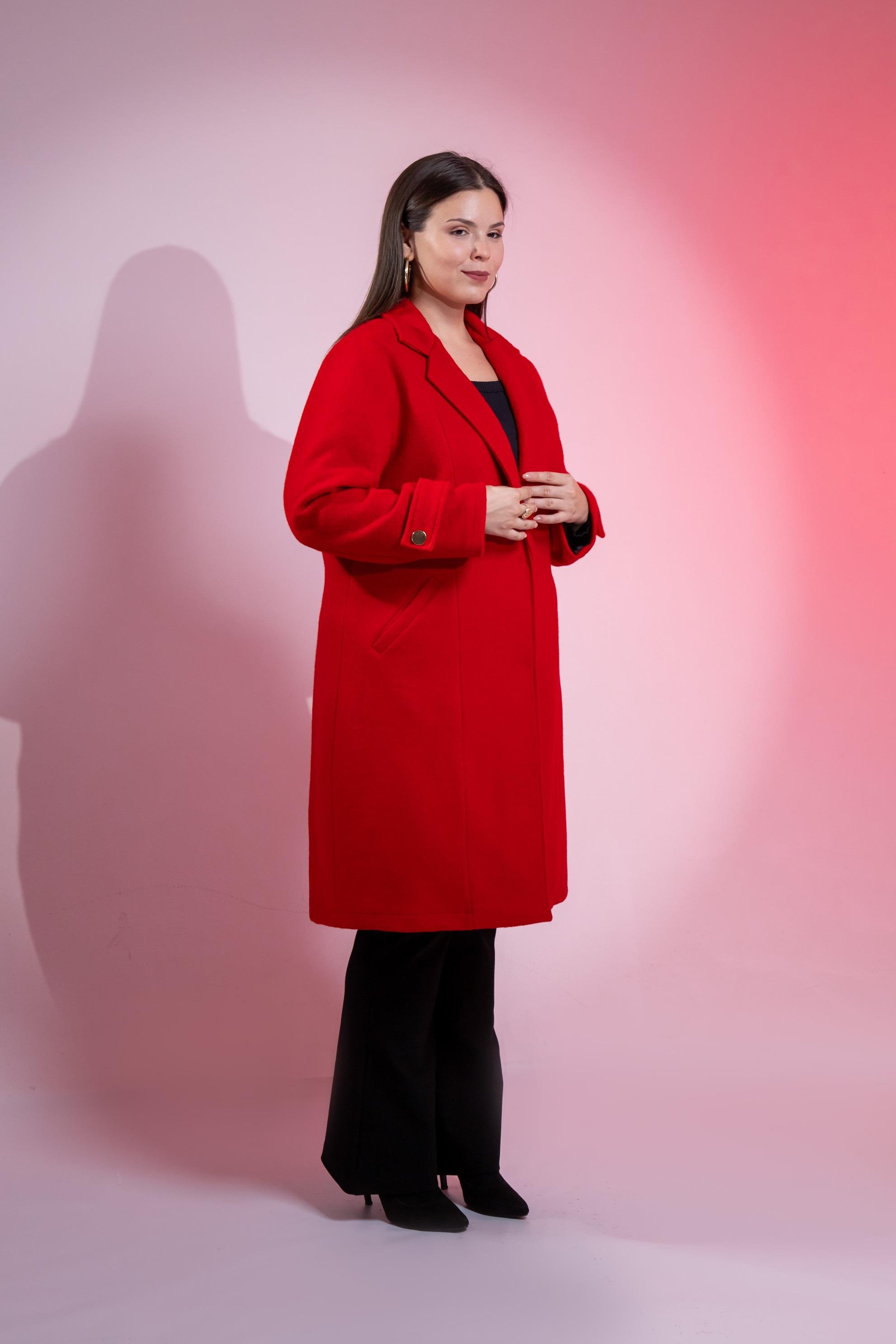 Büyük Beden 3330246 Çıt Çıt Detaylı Kaban Kırmızı