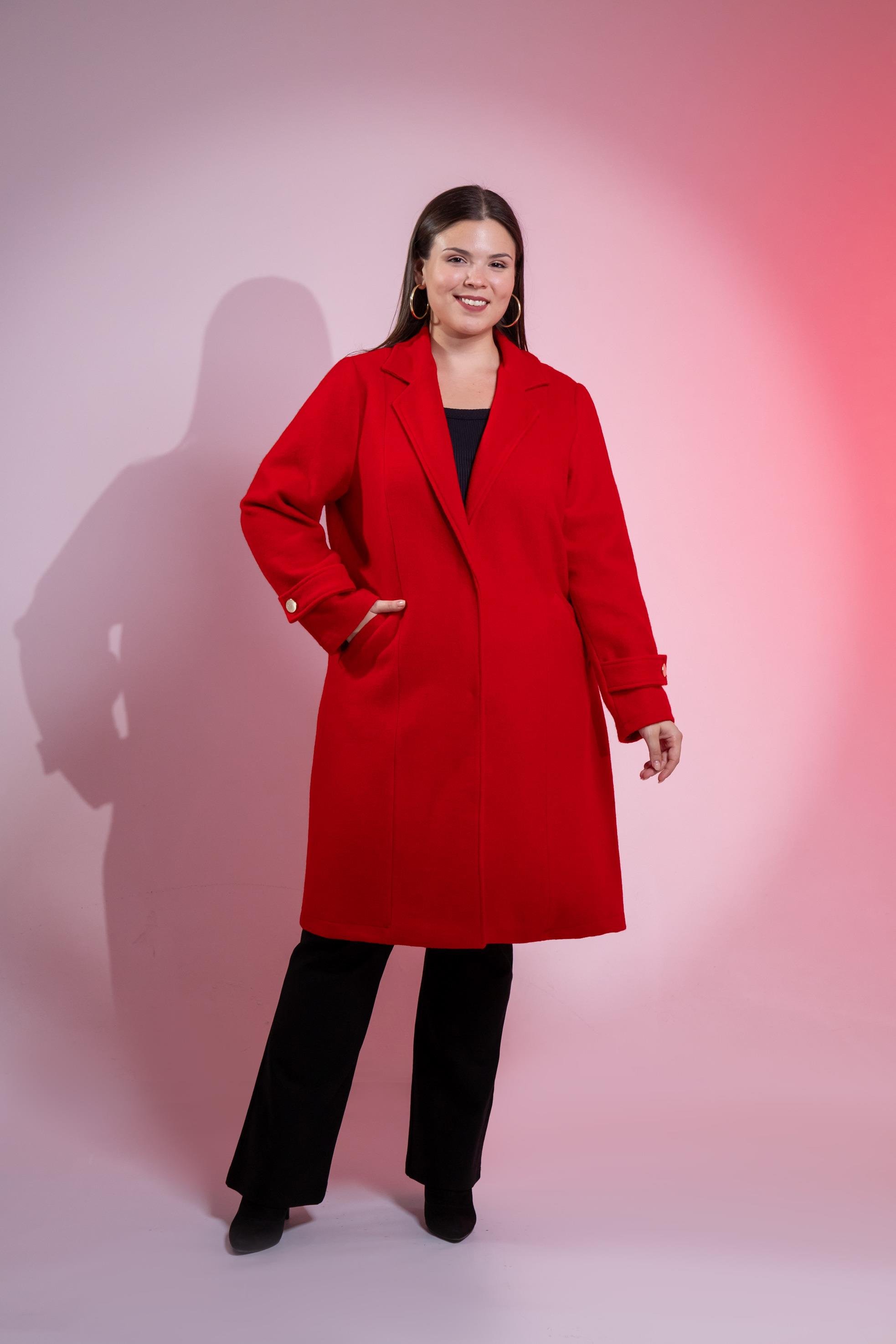 Büyük Beden 3330246 Çıt Çıt Detaylı Kaban Kırmızı