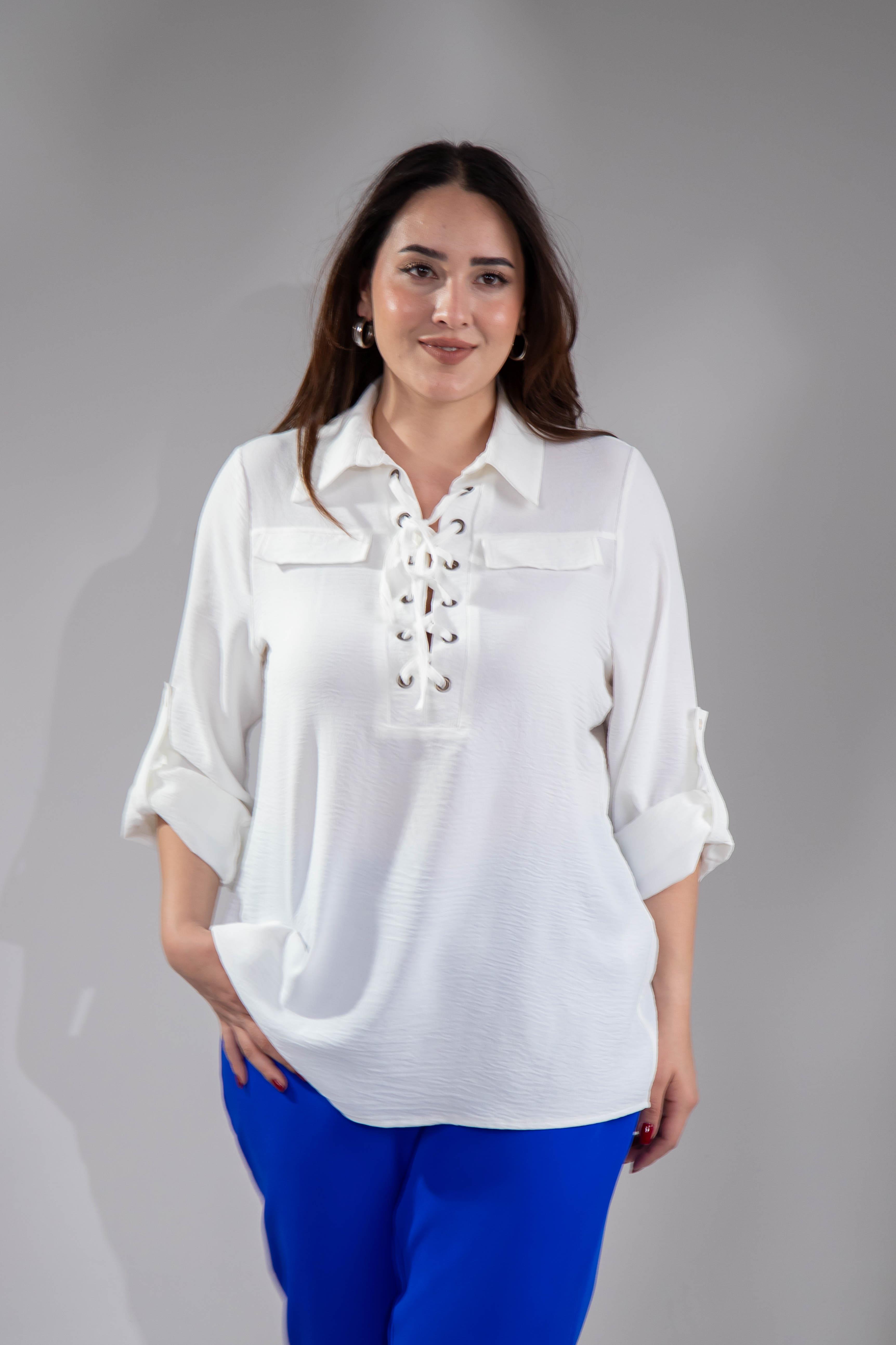 Büyük Beden 3330354 Yaka Bağcıklı Gömlek Beyaz