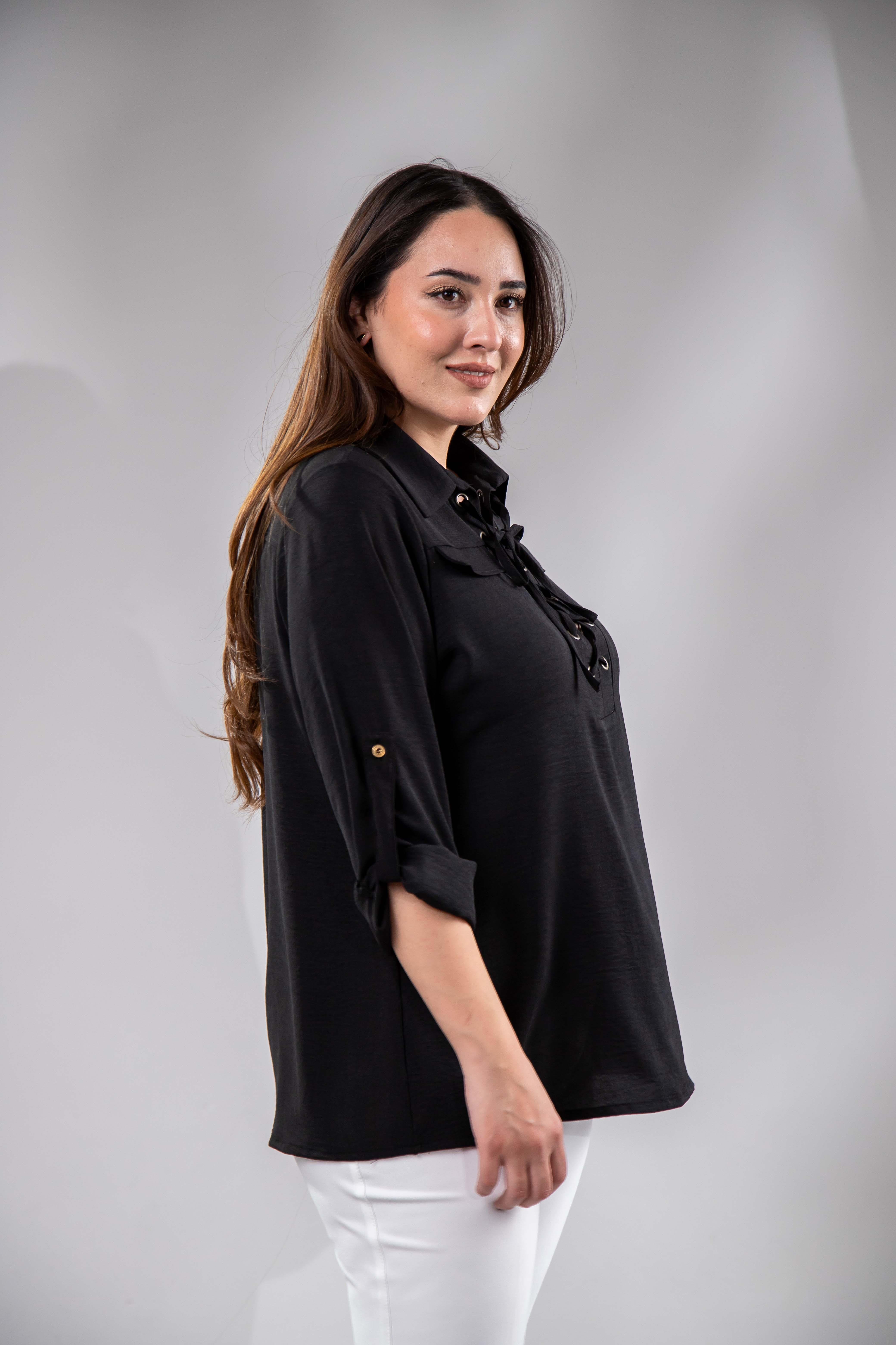 Büyük Beden 3330354 Yaka Bağcıklı Gömlek Siyah