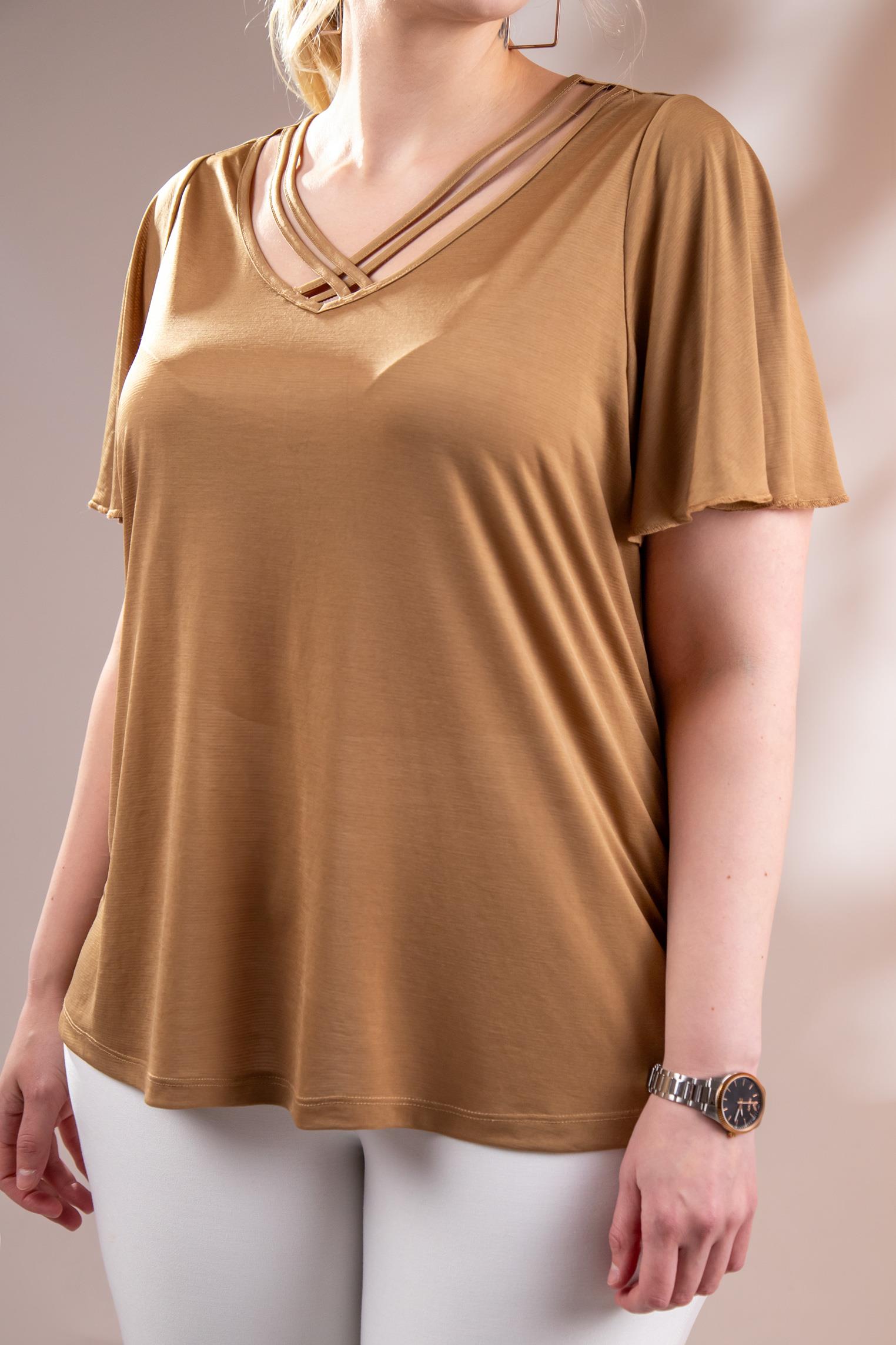 Büyük Beden 3330376 V Yaka Biyeli Bluz  Camel