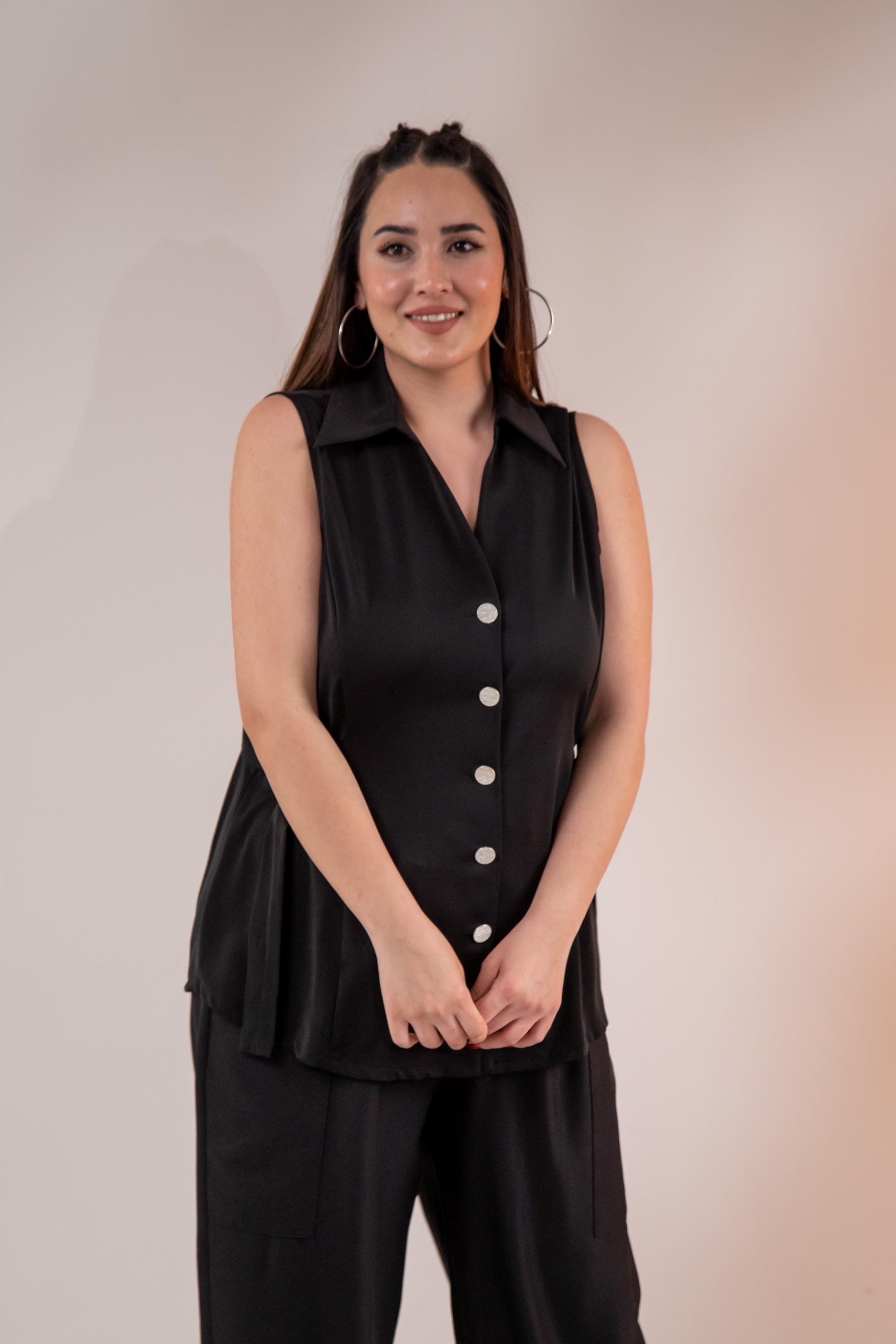 Büyük Beden 3330417 Kemerli Kolsuz Gömlek Siyah