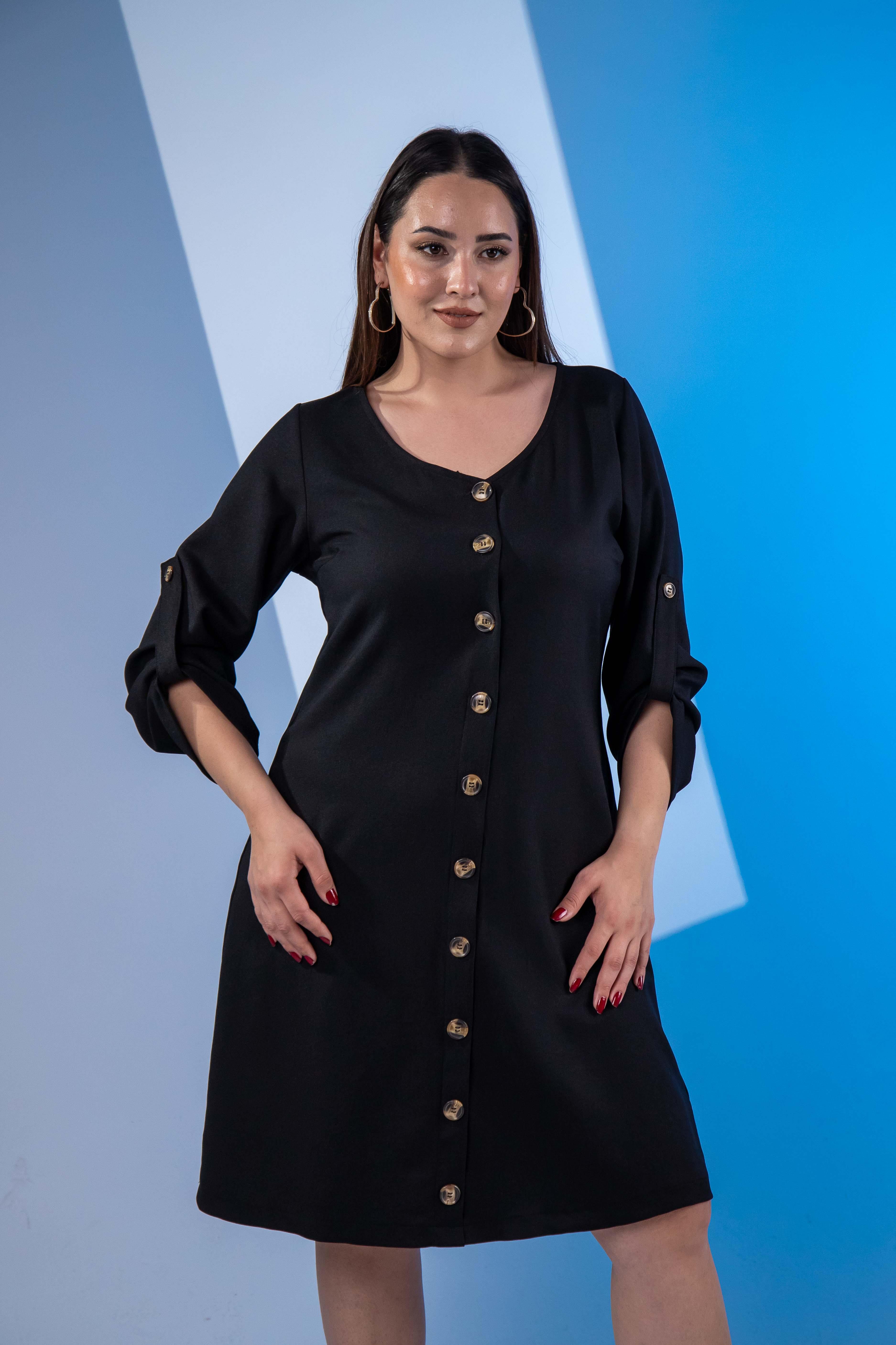 Büyük Beden 3330447 Önü Düğmeli Elbise Siyah