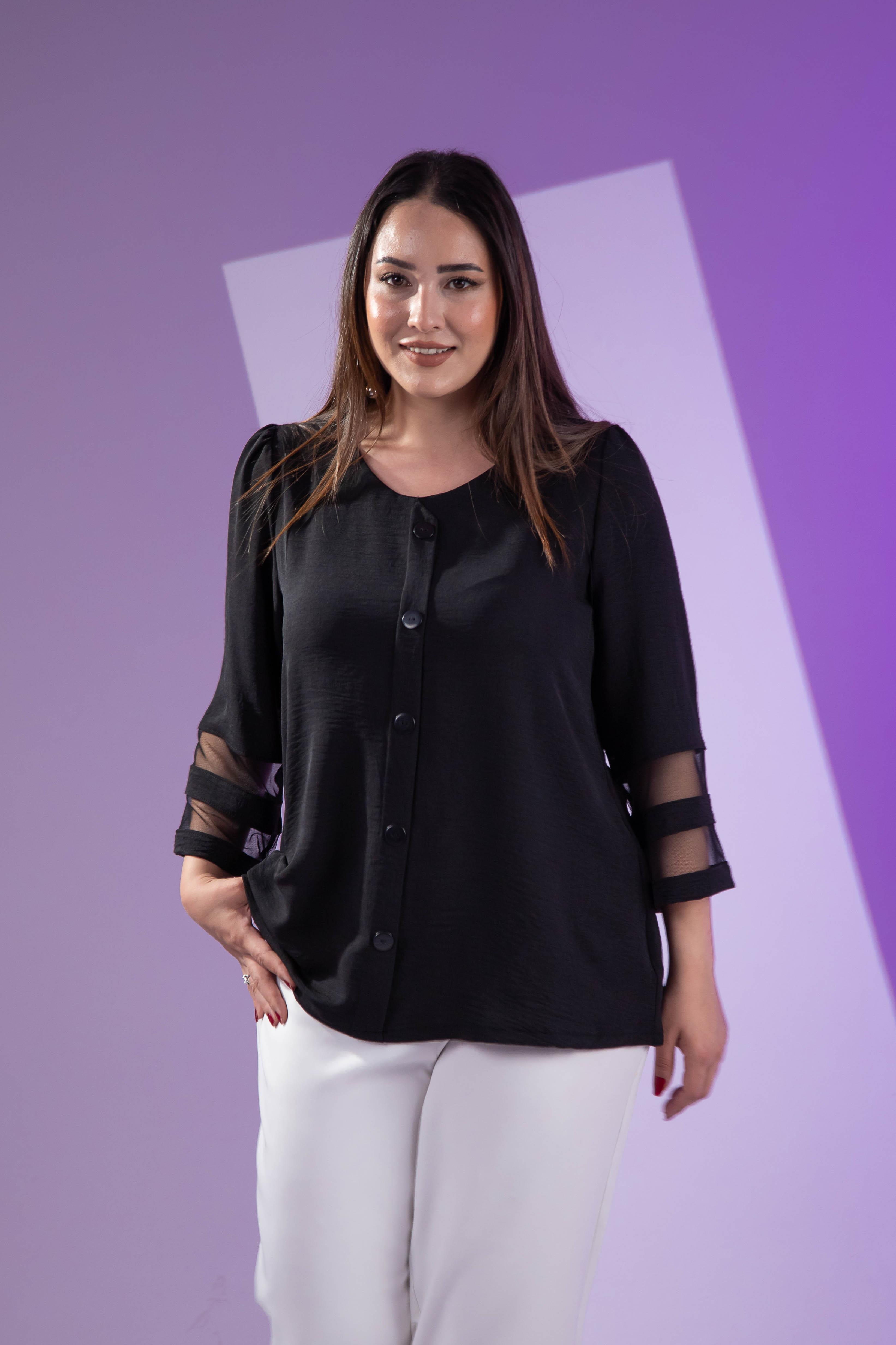 Büyük Beden 3330464 Kolu Tül Detaylı Bluz Siyah