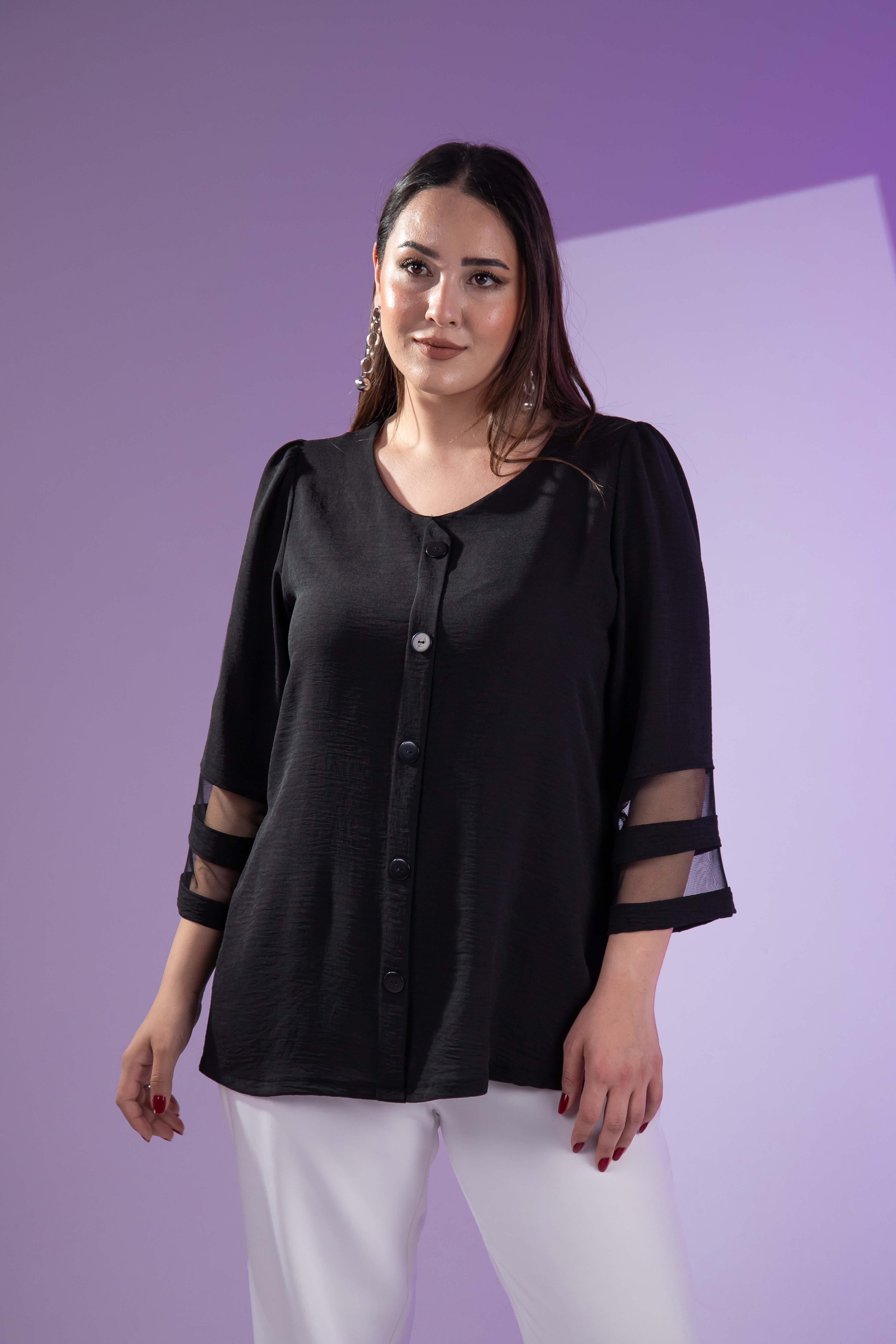Büyük Beden 3330464 Kolu Tül Detaylı Bluz Siyah