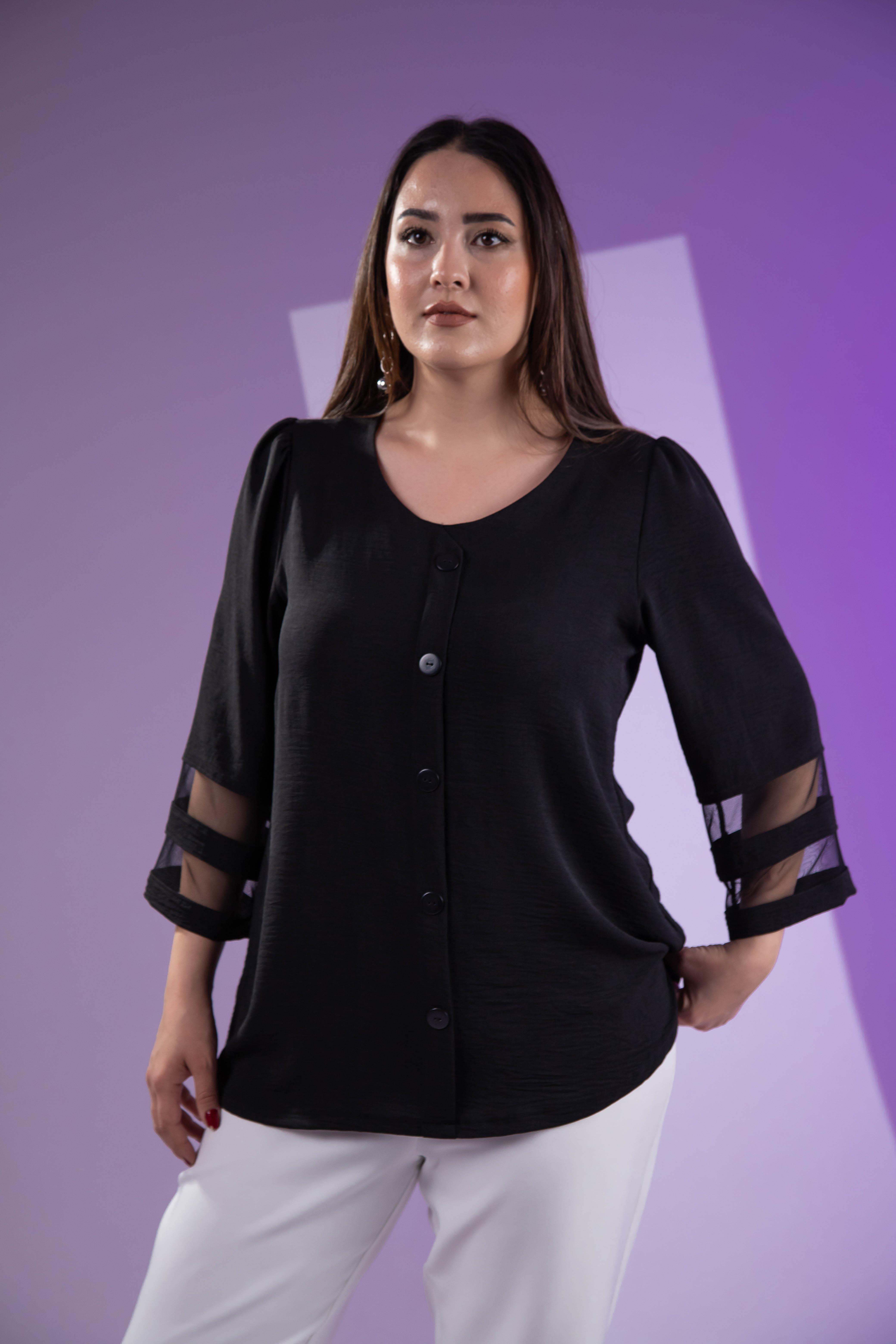 Büyük Beden 3330464 Kolu Tül Detaylı Bluz Siyah