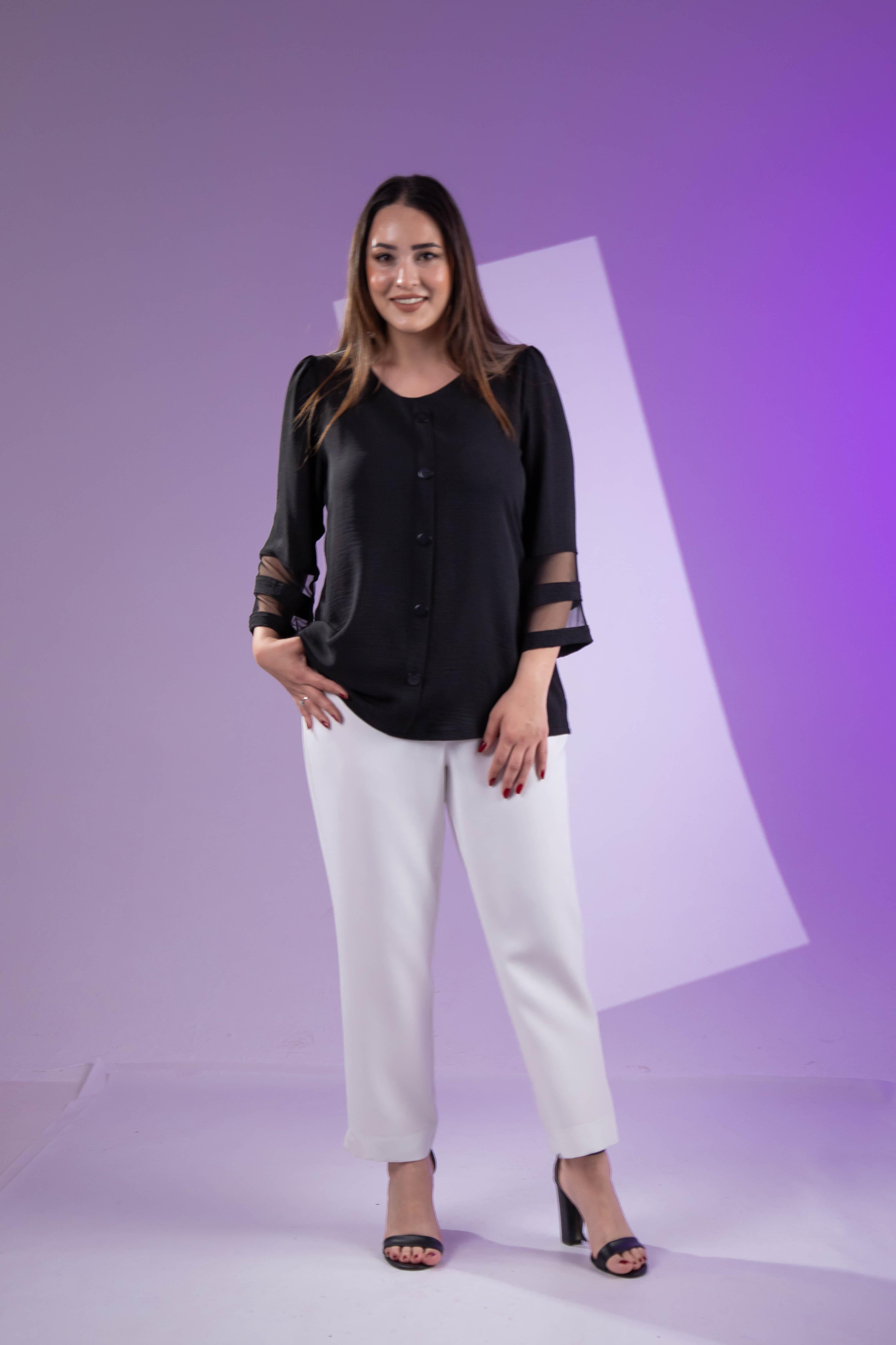 Büyük Beden 3330464 Kolu Tül Detaylı Bluz Siyah