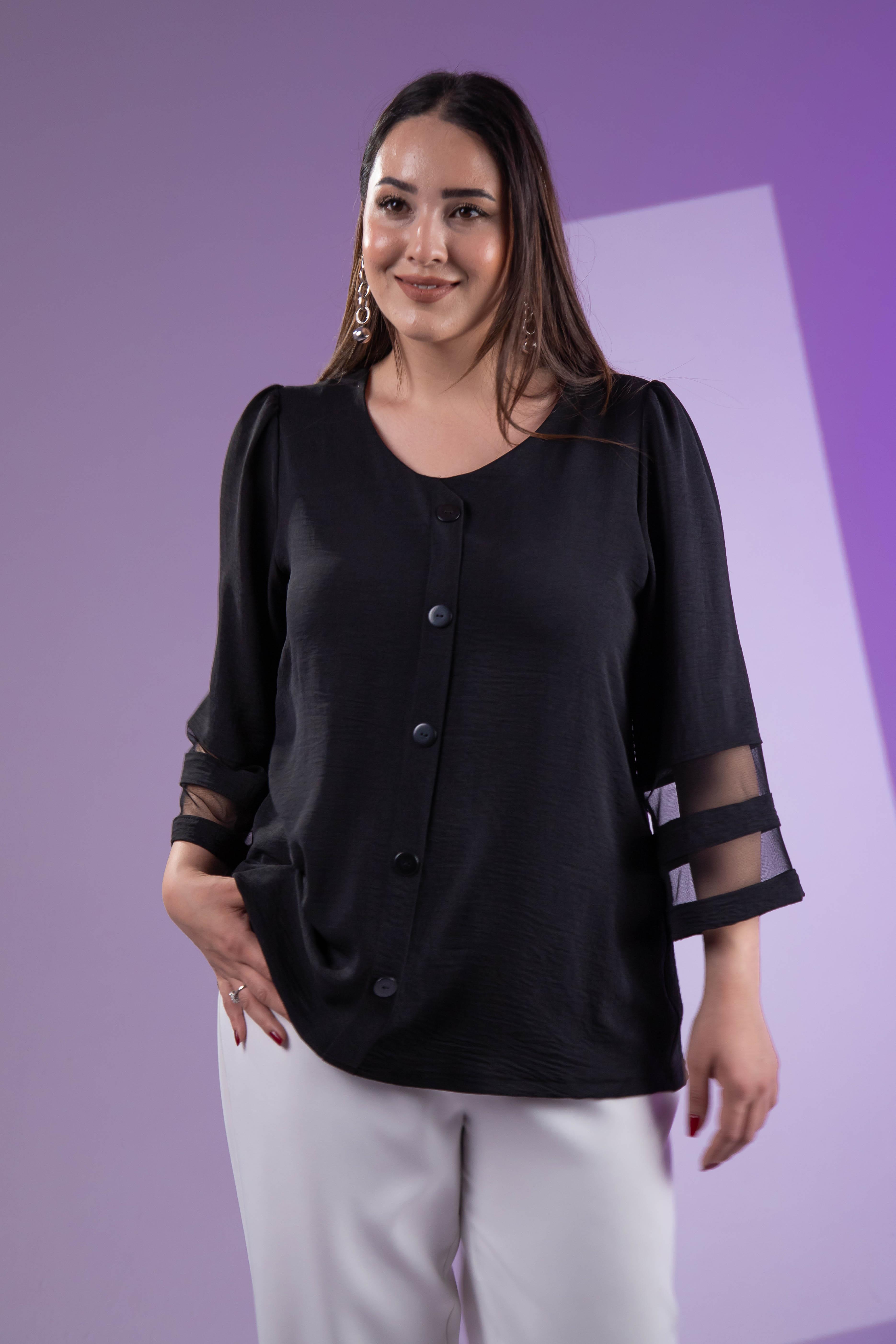 Büyük Beden 3330464 Kolu Tül Detaylı Bluz Siyah