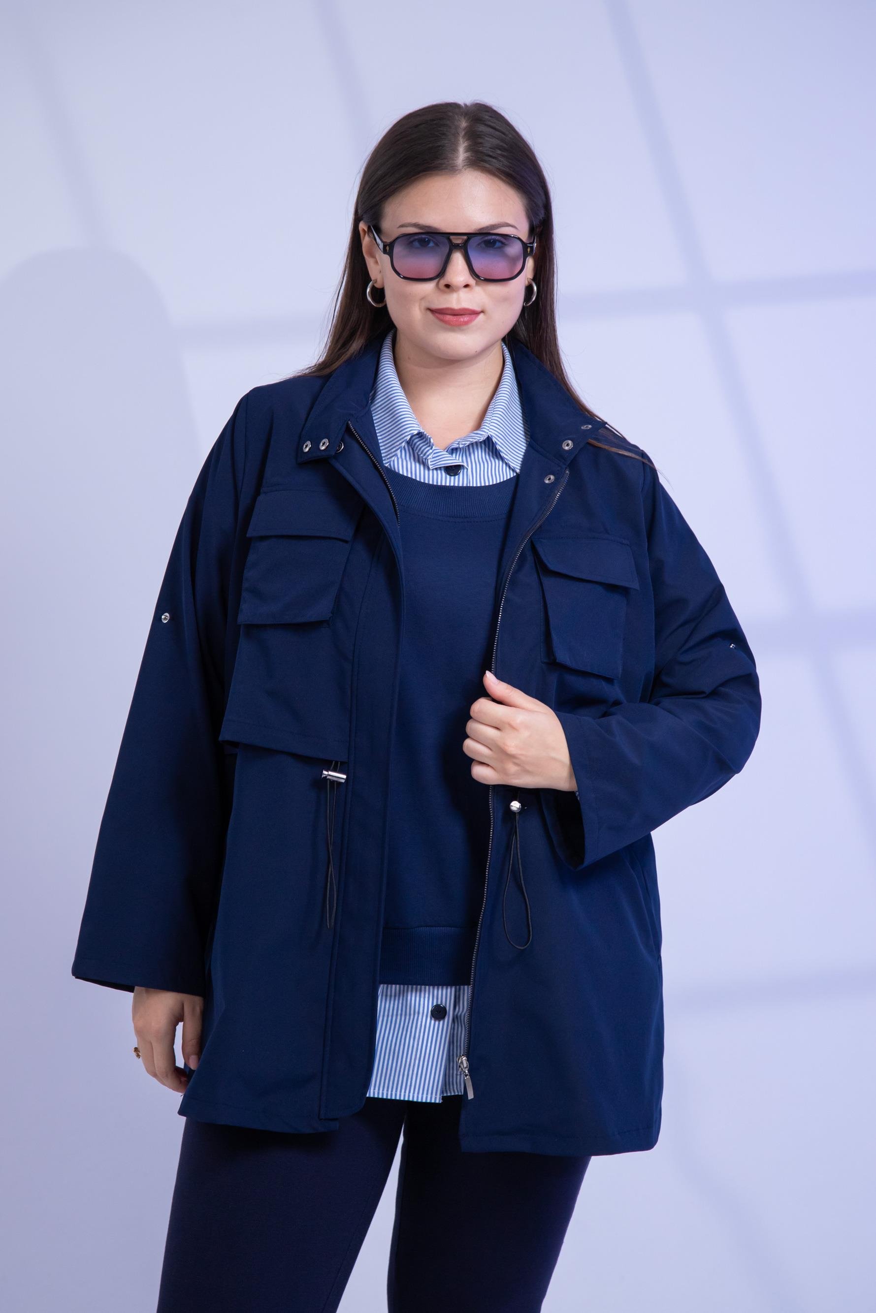 Büyük Beden 3330640 Cep Detaylı Trençkot Ceket  Lacivert