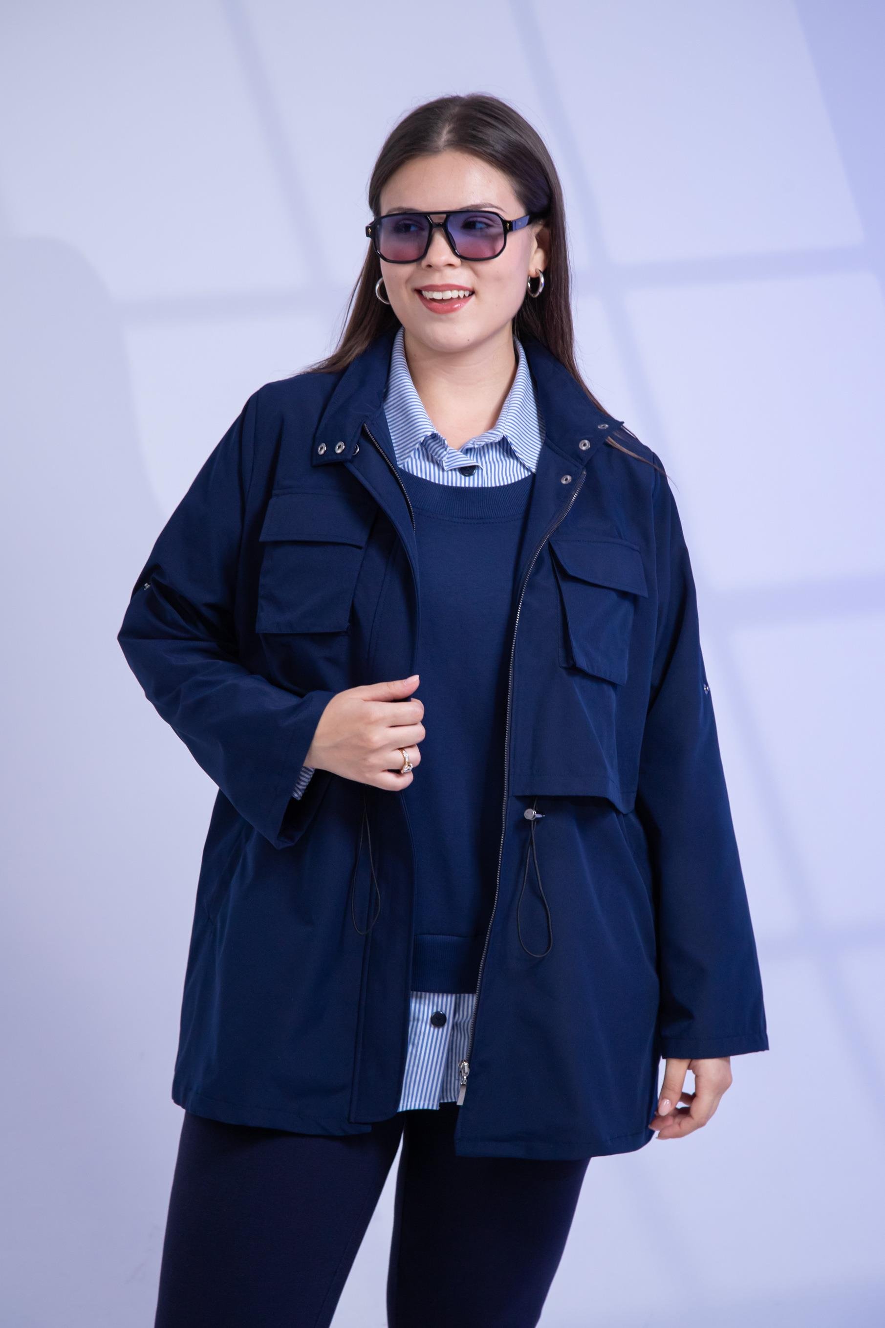 Büyük Beden 3330640 Cep Detaylı Trençkot Ceket  Lacivert