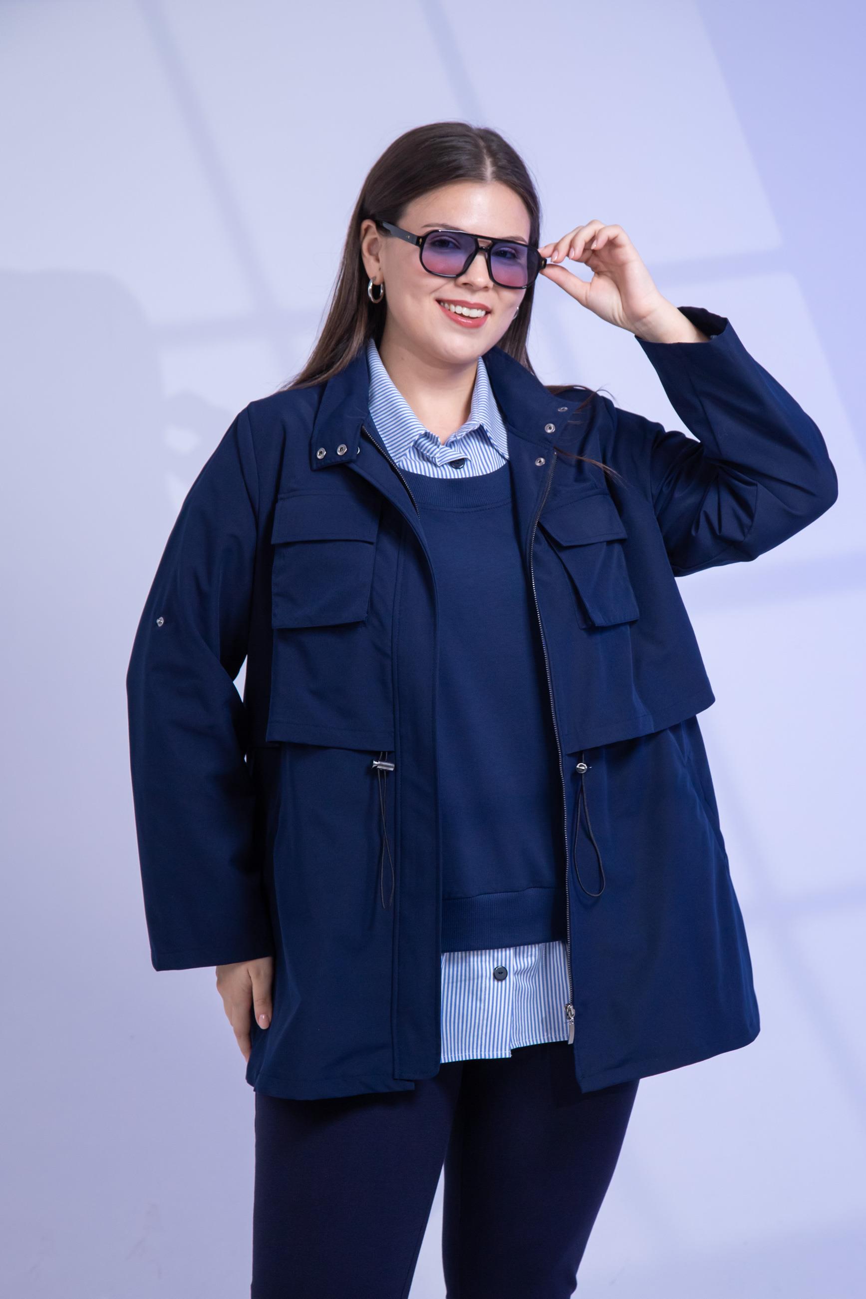 Büyük Beden 3330640 Cep Detaylı Trençkot Ceket  Lacivert